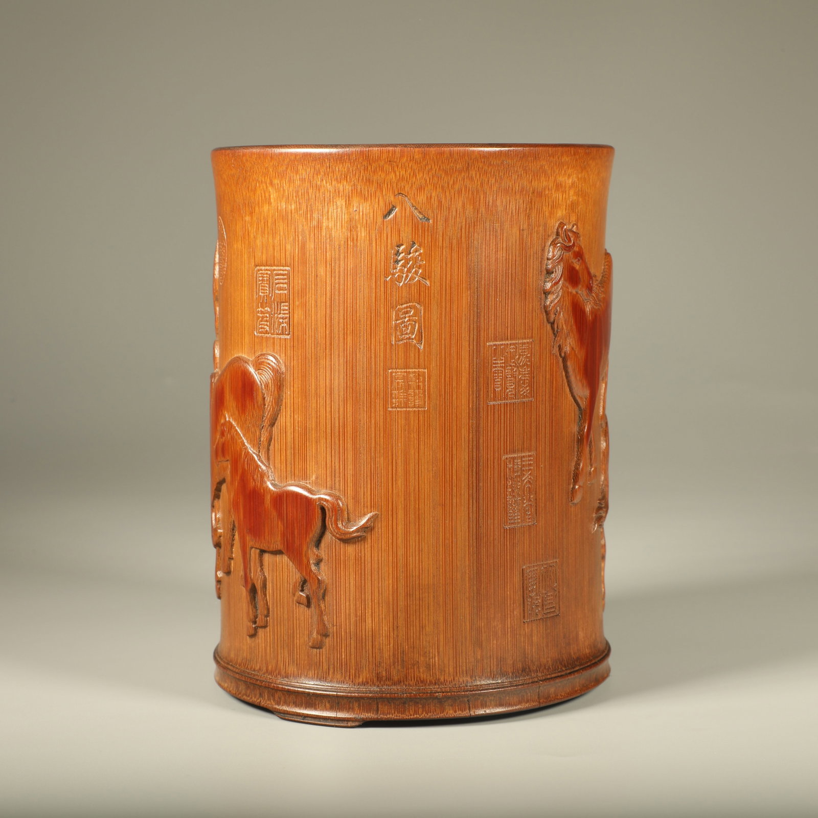 A BAMBOO CARVED BRUSH POT WITH EIGHT FINE HORSES MOTIFS (1 of 7)