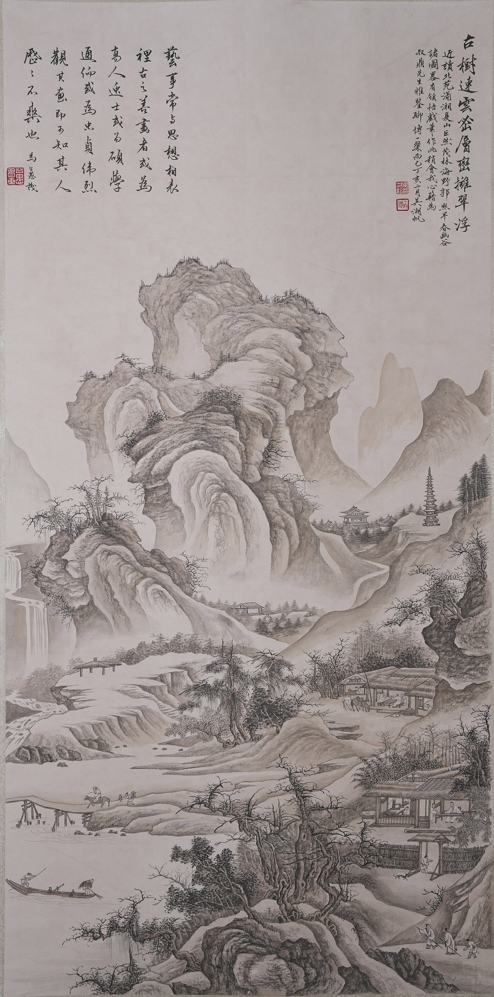 A LANDSCAPE AND PAVILION PAINTING ON PAPER BY WU HUFAN.吳湖帆: Landscape and Pavilion Painting on Paper by Wu Hufan.吳湖帆