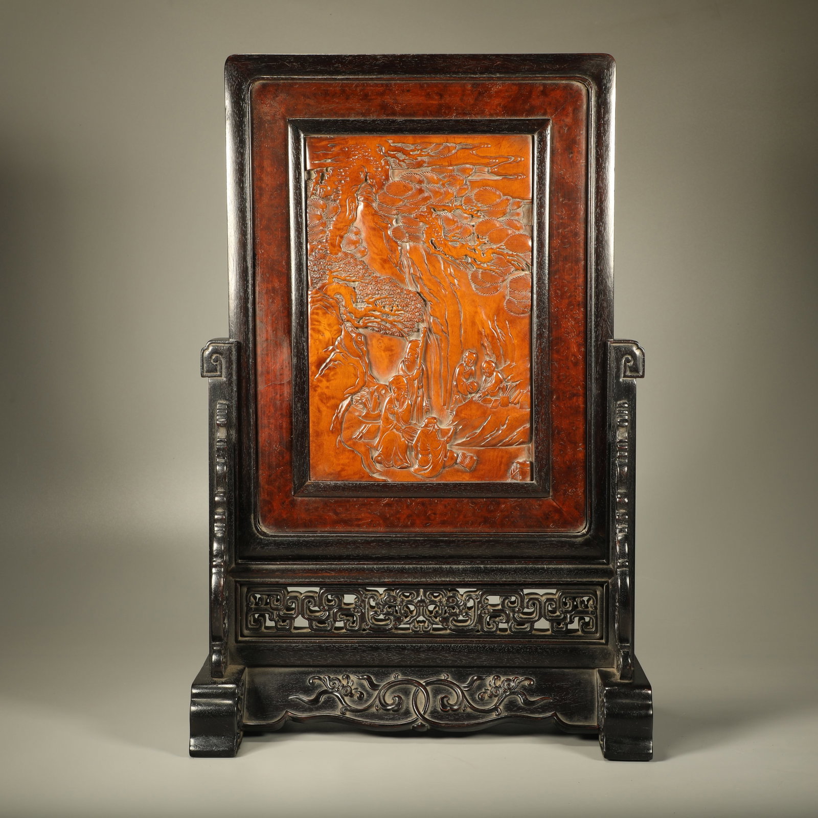 A ZITAN TABLE SCREEN INLAID WITH BOXWOOD CARVED FIGURES AND POEM INSCRIPTIONS (1 of 9)