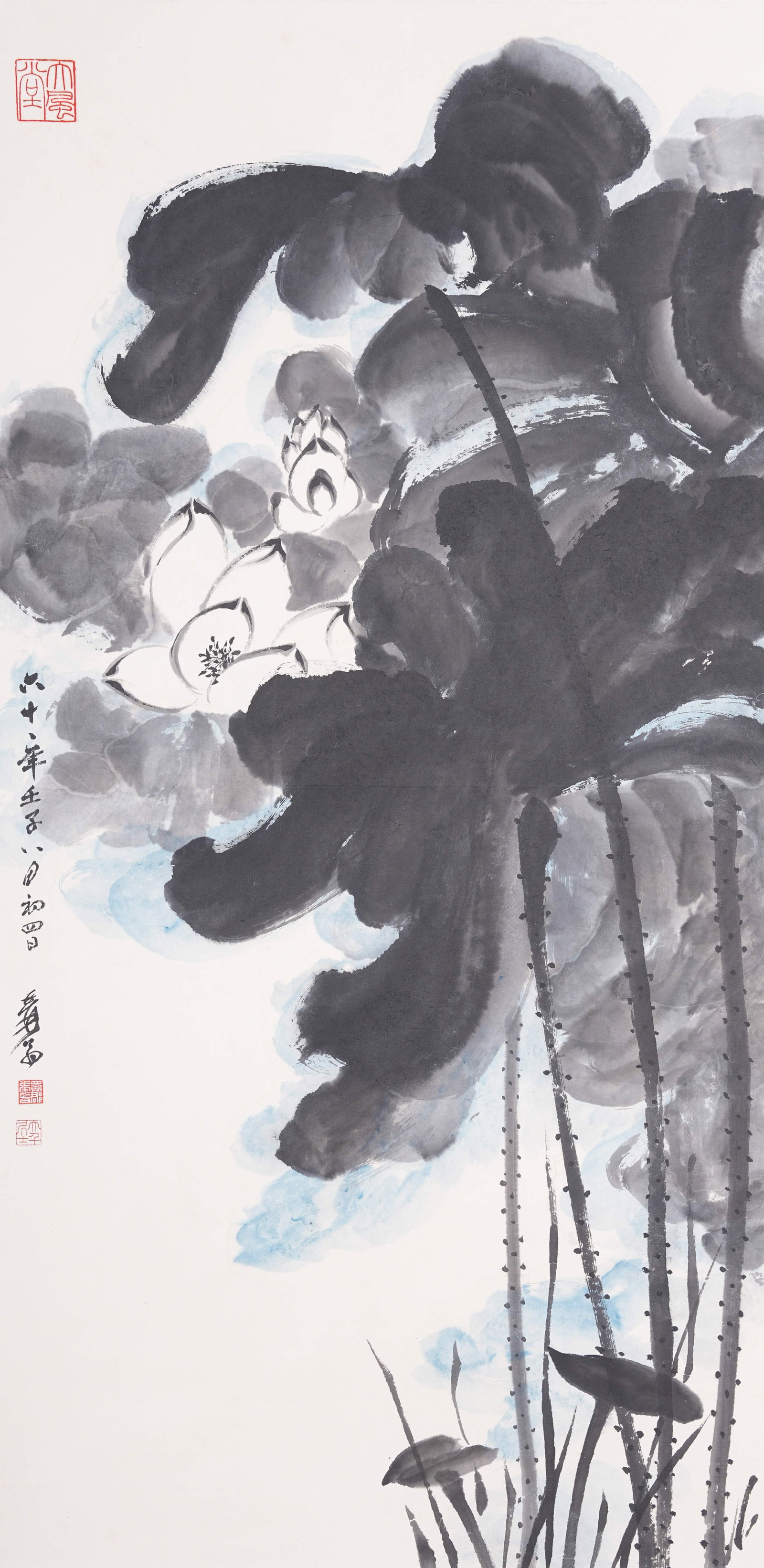 A INK LOTUS PAINTING ON PAPER BY ZHANG DAQIAN.張大千: Ink Lotus Painting on Paper by Zhang Daqian.張大千