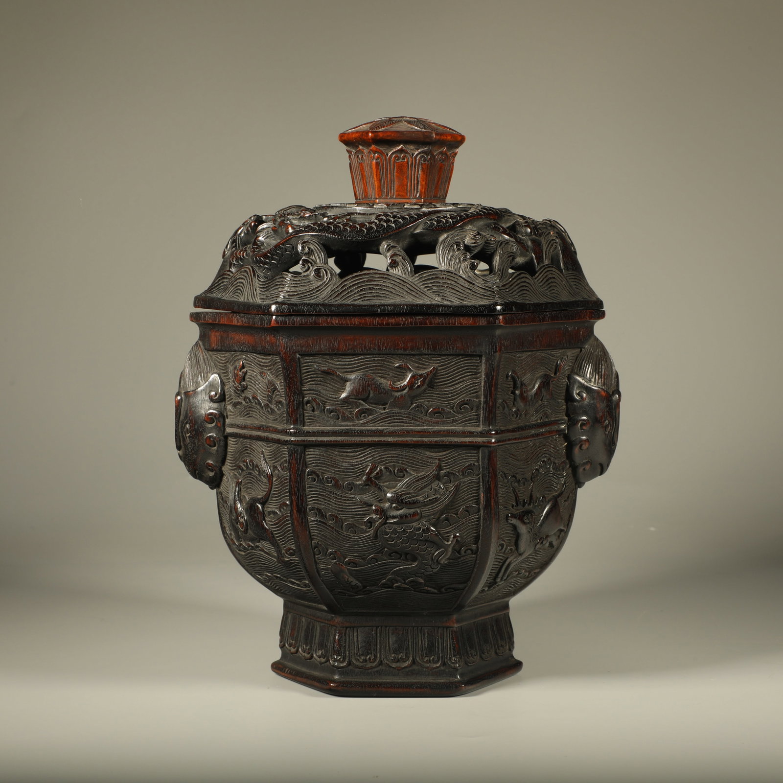 A ZITAN WOOD INCENSE BURNER CARVED WITH SEA BEAST PATTERNS (1 of 6)
