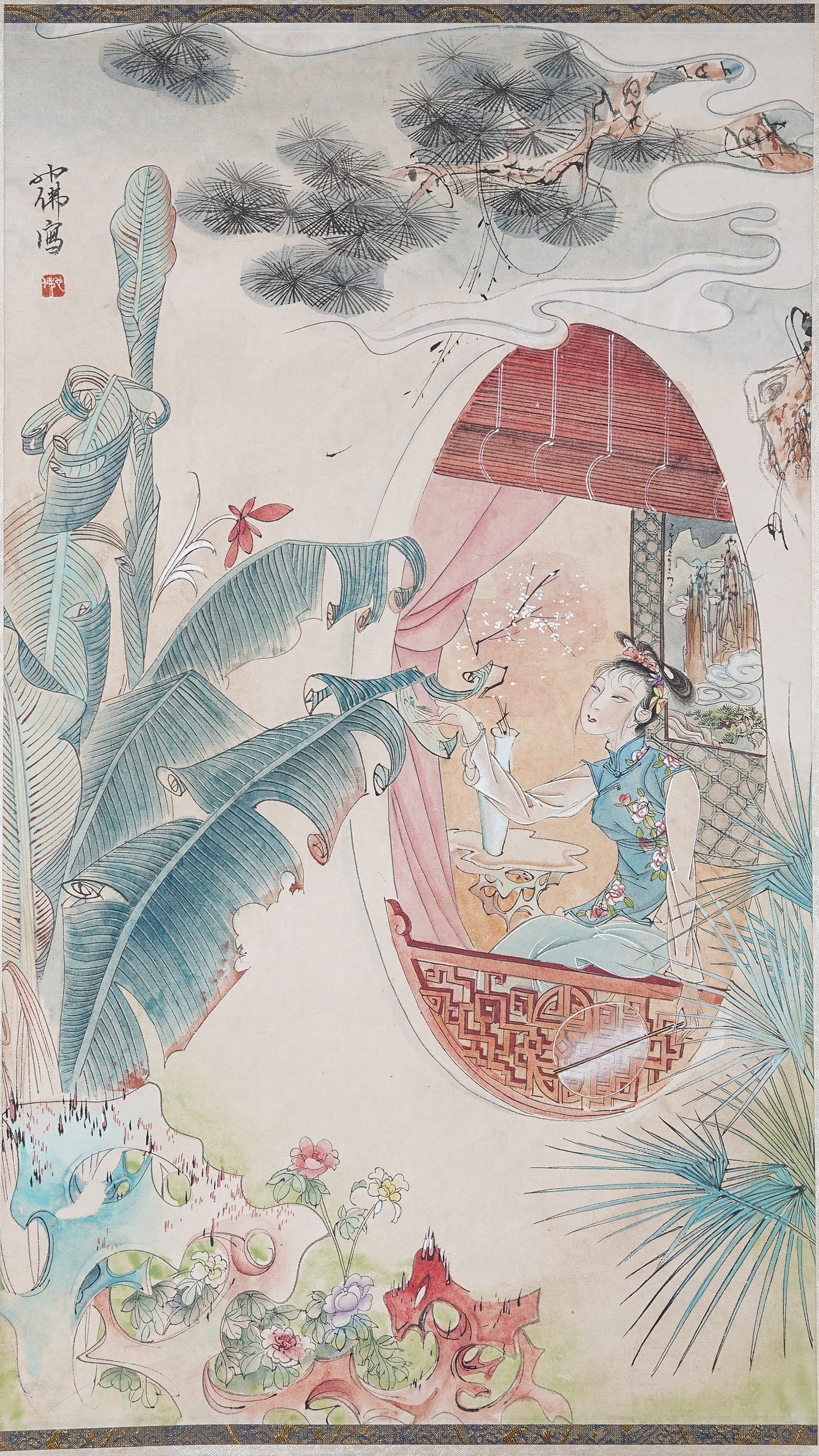 A BEAUTY PAINTING ON PAPER BY HU YEFO.胡也佛: Beauty Painting on Paper by Hu Yefo.胡也佛