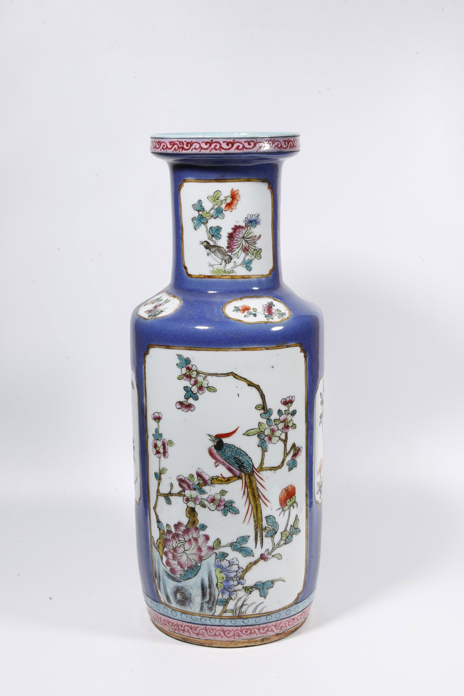 A BLUE GLAZE MALLET VASE WITH RESERVED PANELS OF FLOWER AND BIRD PATTERN (1 of 10)