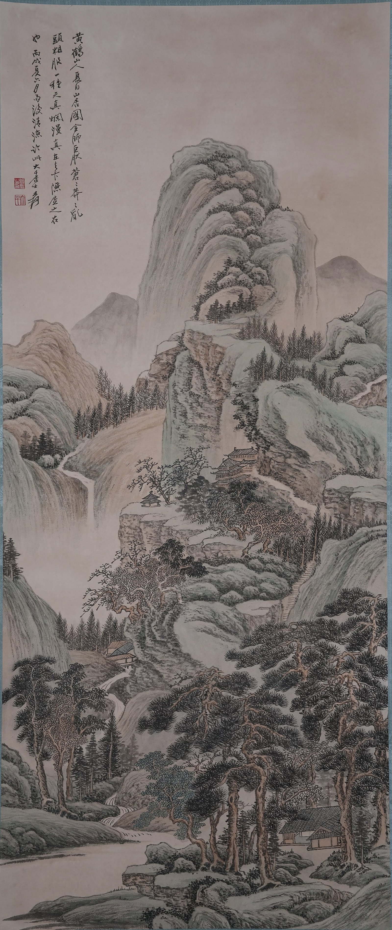 A LANDSCAPE AND PAVILION PAINTING ON PAPER BY ZHANG DAQIAN.張大千: Landscape and Pavilion Painting on Paper by Zhang Daqian.張大千