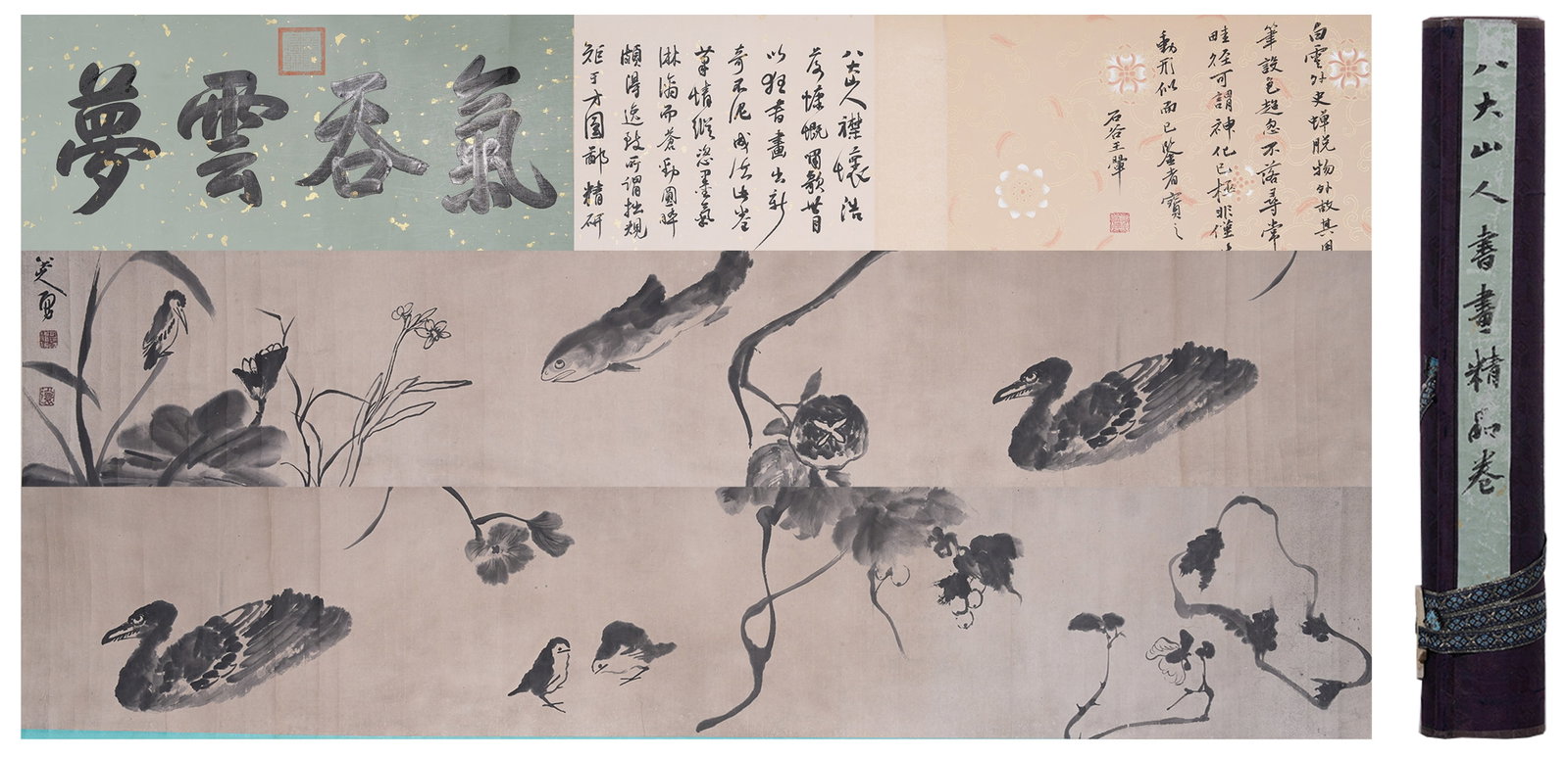 A FLOWER AND BIRD PAINTING HANDSCROLL ON PAPER BY BADA SHANREN.八大山人: Flower and Bird Painting Handscroll on Paper by Bada Shanren.八大山人
