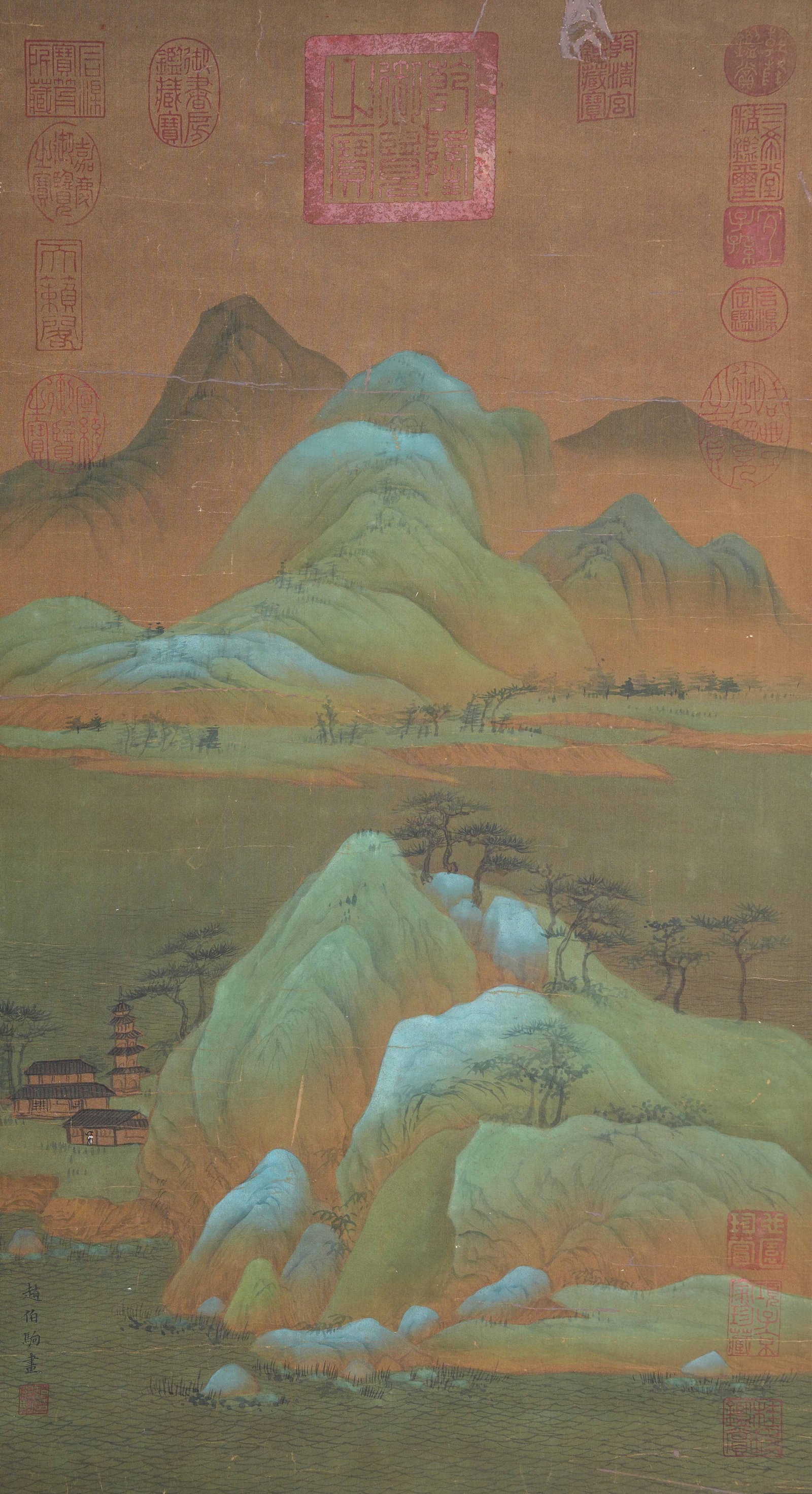 A LANDSCAPE PAINTING ON SILK BY ZHAO BOJU.趙伯駒: Landscape Painting on Silk by Zhao Boju.趙伯駒