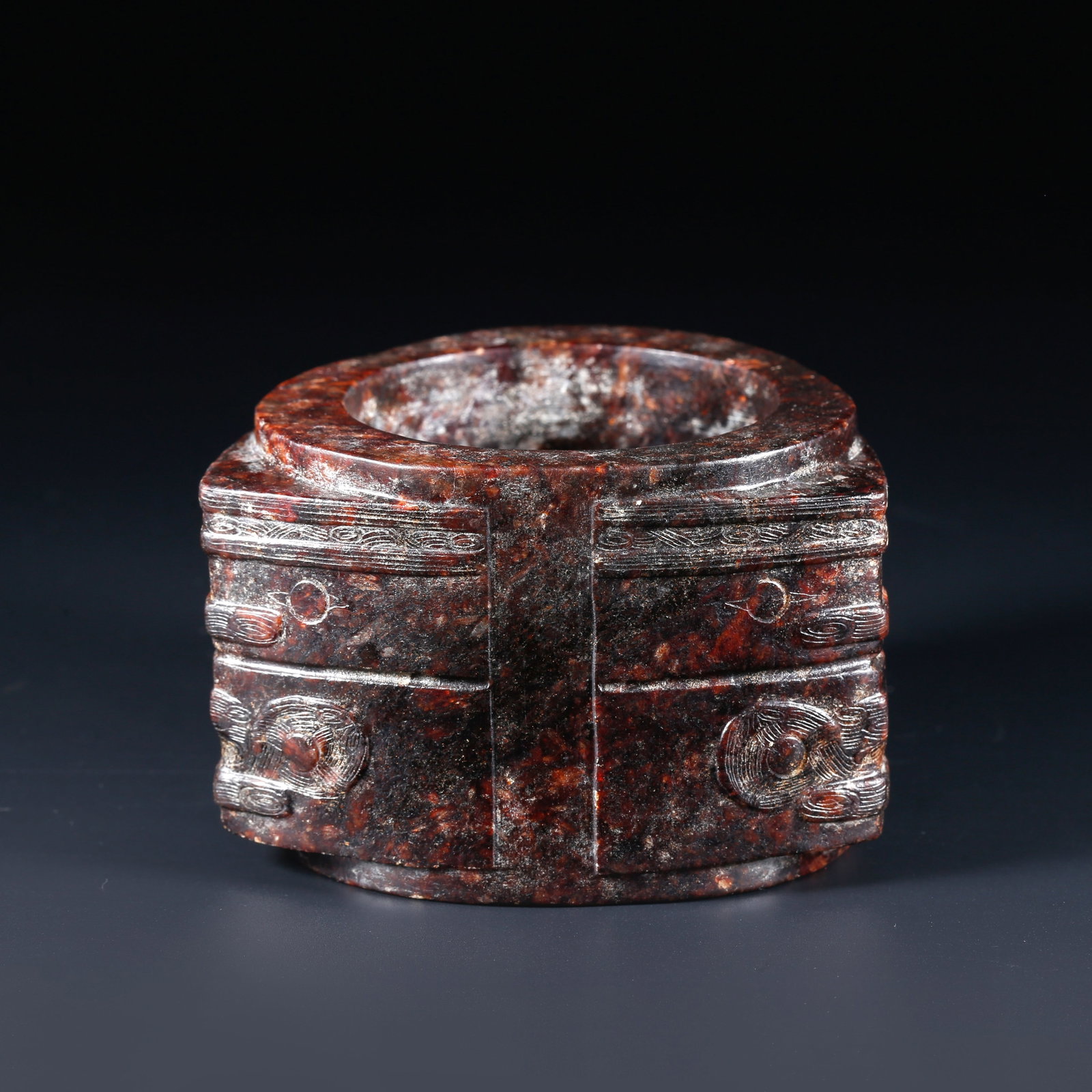 A ANCIENT JADE CONG CARVED WITH BEAST MASK PATTERNS: Ancient Jade Cong Carved with Beast Mask Patterns