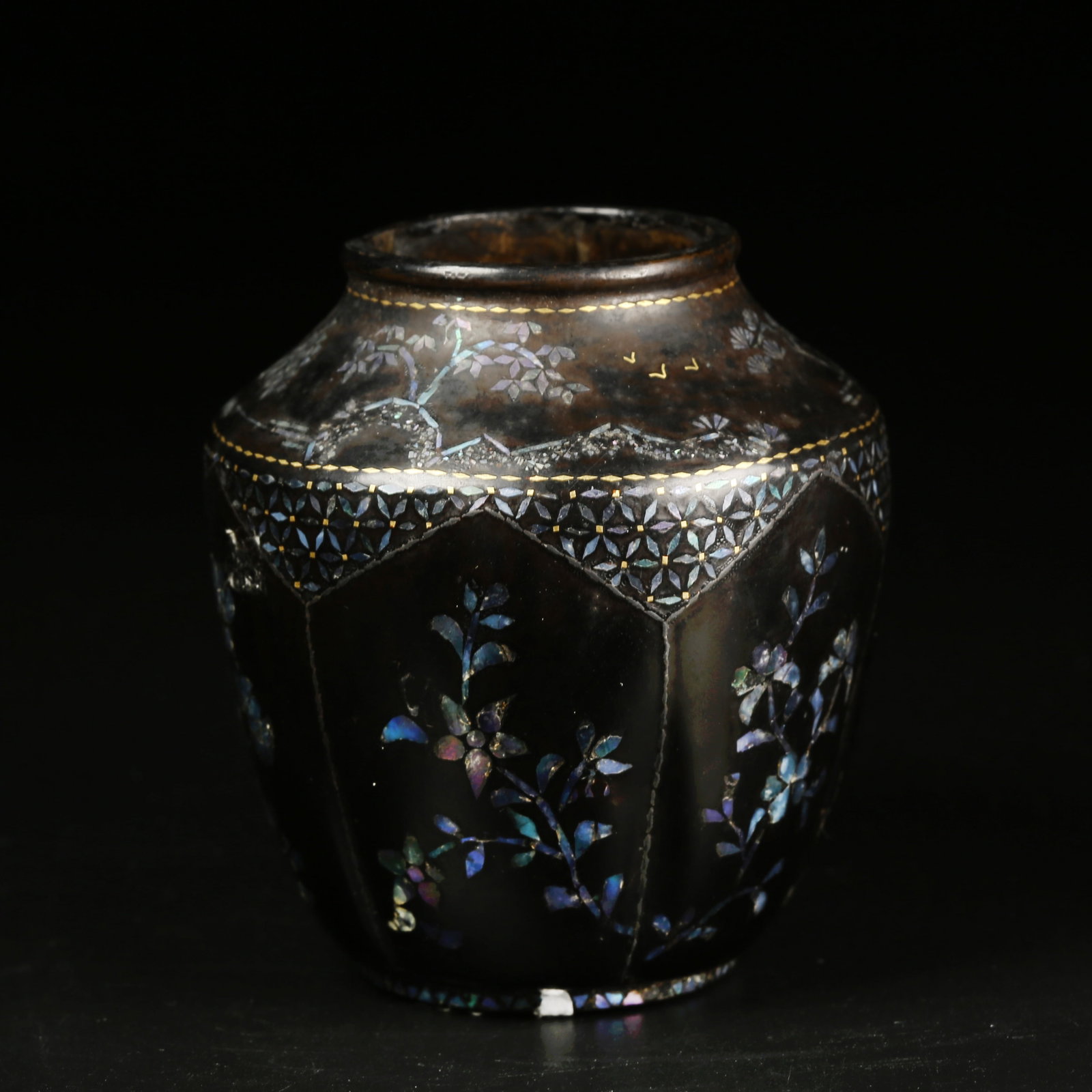 A BRONZE SMALL JAR WITH GILDING AND MOTHER-OF-PEARL INLAID FLORAL DESIGN (1 of 9)