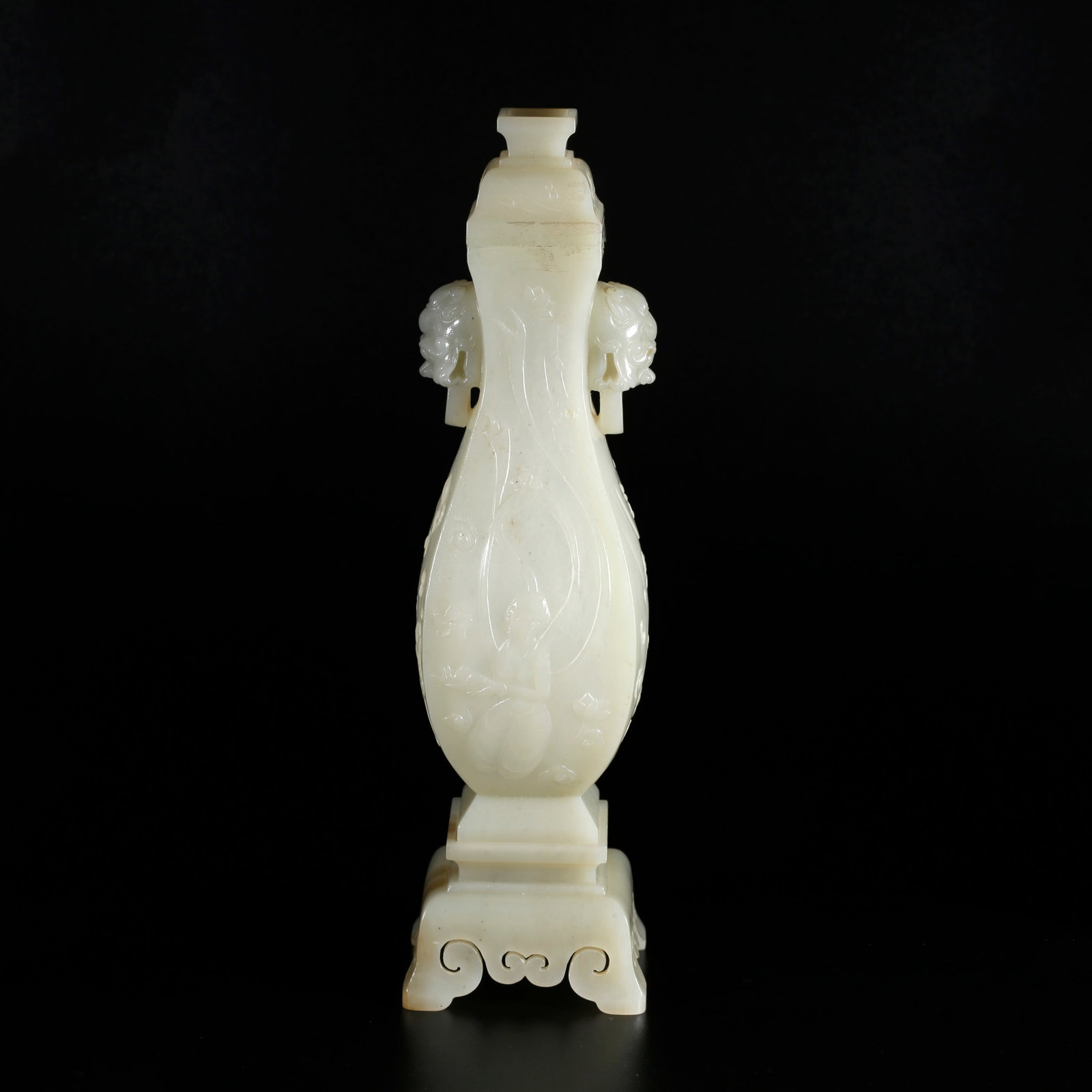 A HETIAN JADE COVERED VASE WITH DOUBLE BEAST EARS: Hetian Jade Covered Vase with Double Beast Ears