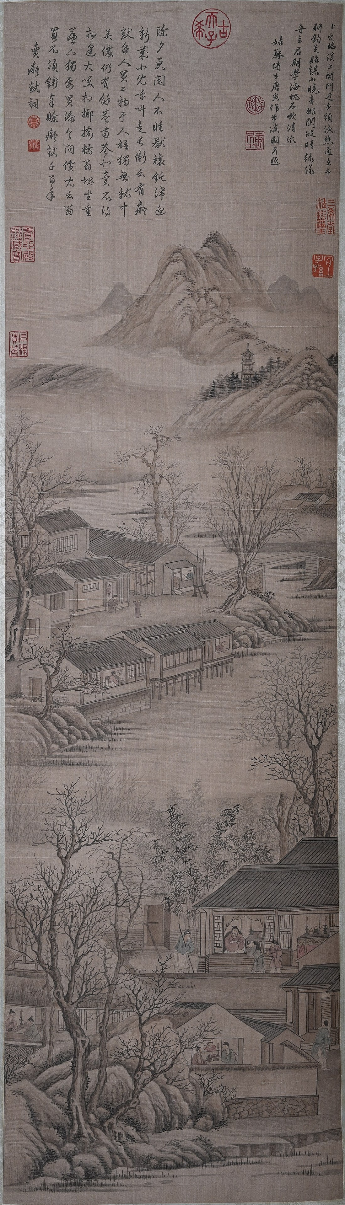 A LANDSCAPE PAVILION AND FIGURE PAINTING ON SILK BY TANG YIN.唐寅: Landscape Pavilion and Figure Painting on Silk by Tang Yin.唐寅