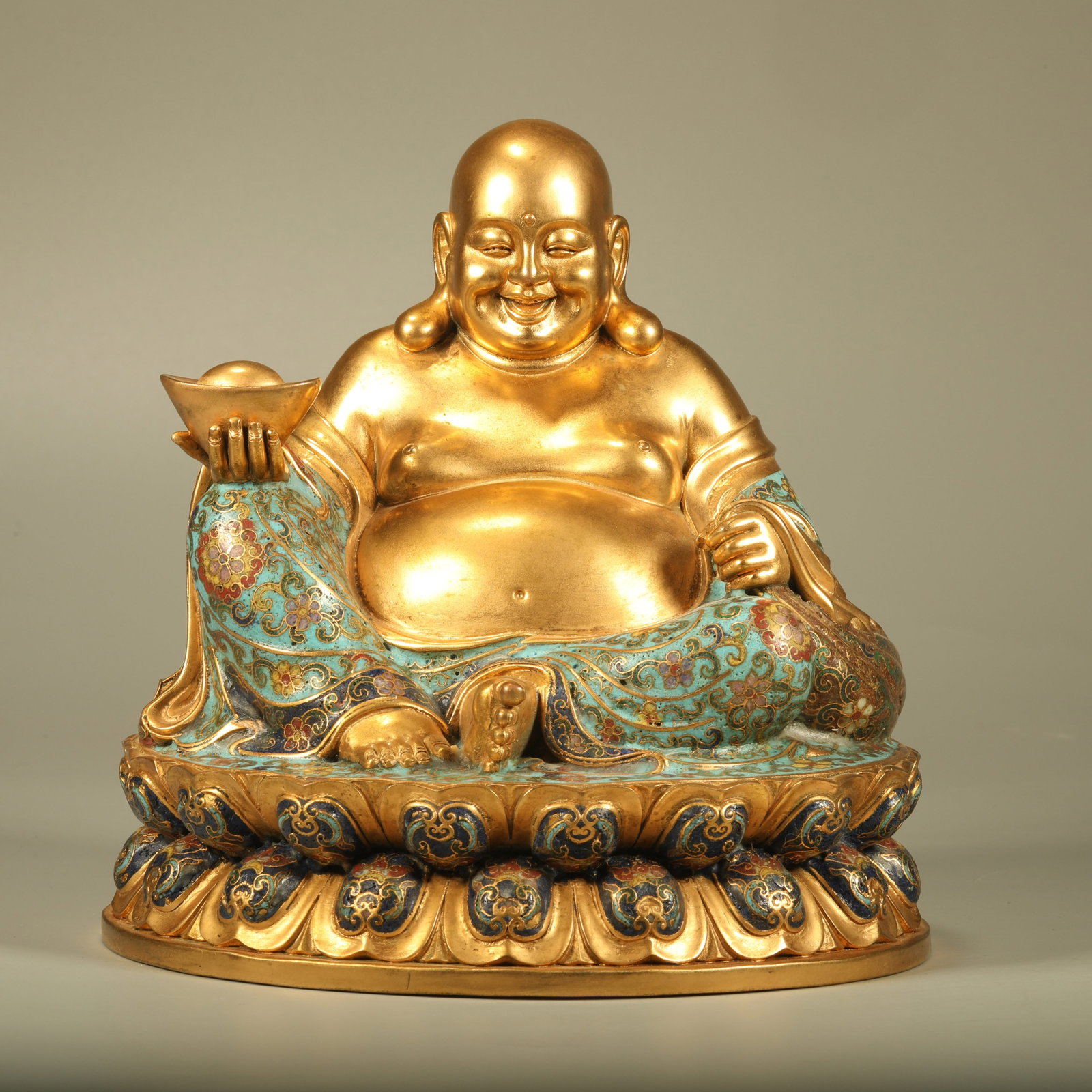 A GILDED CLOISONNE STATUE OF MAITREYA BUDDHA: Gilded Cloisonne Statue of Maitreya Buddha