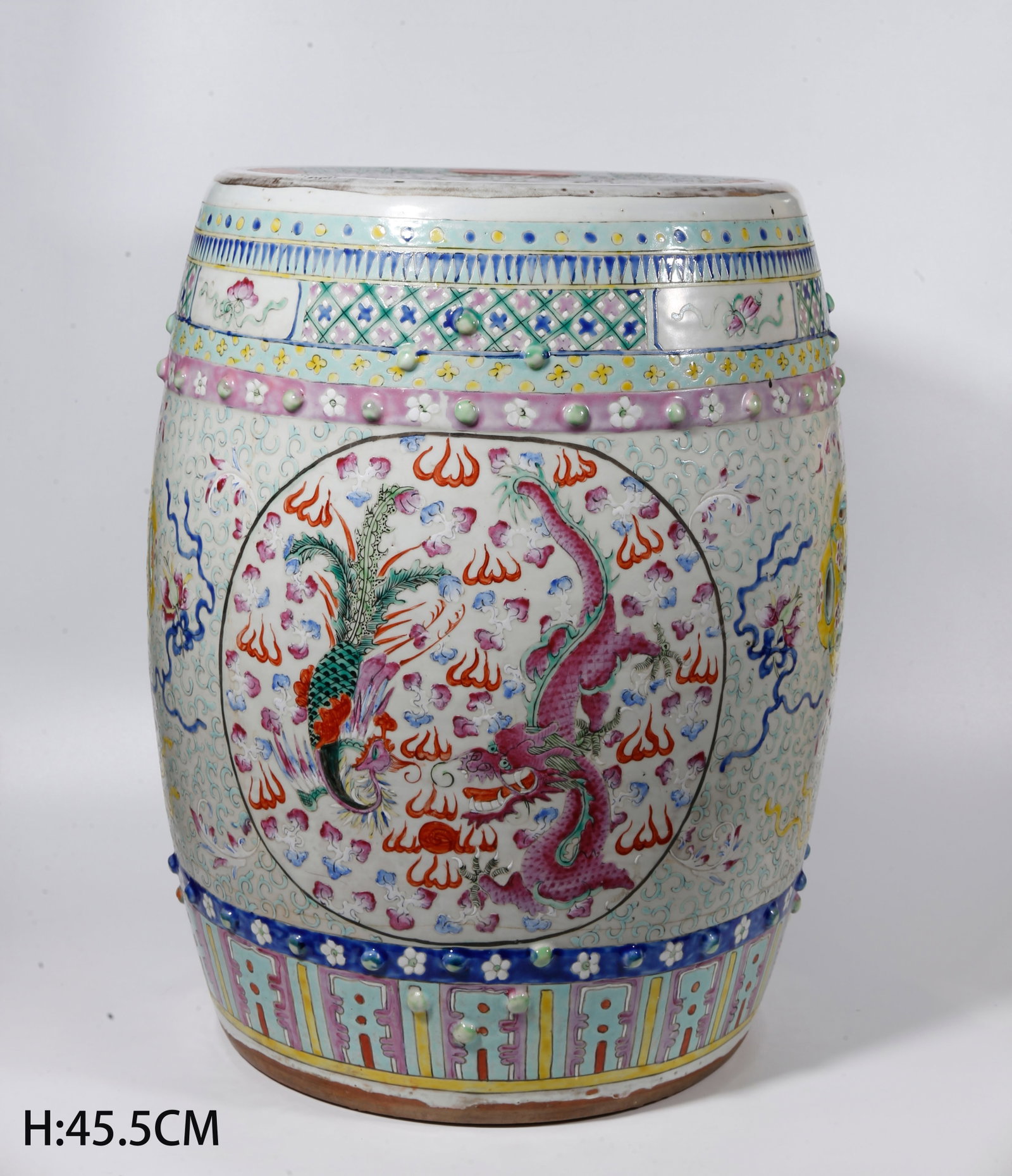 A FAMILLE ROSE BARREL STOOL WITH DRAGON AND PHOENIX PATTERNS (1 of 10)