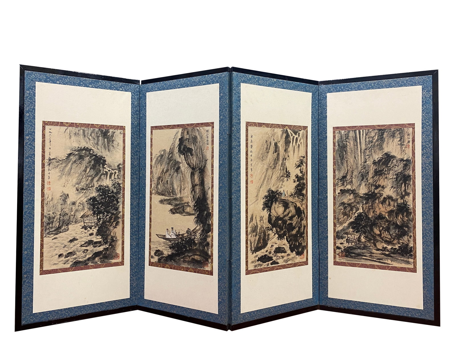 A FOUR-PANEL FOLDING SCREEN OF LANDSCAPE AND ELEGANT SCHOLARS ON PAPER BY FU BAOSHI.傅抱 (1 of 20)