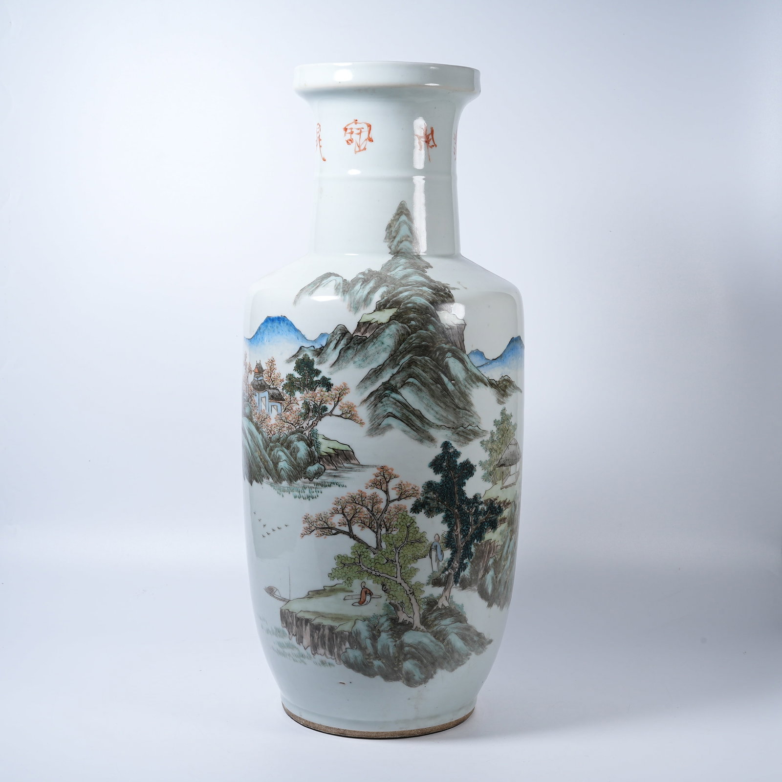 A CLUB-SHAPED VASE WITH FAMILLE ROSE LANDSCAPE PATTERN (1 of 10)