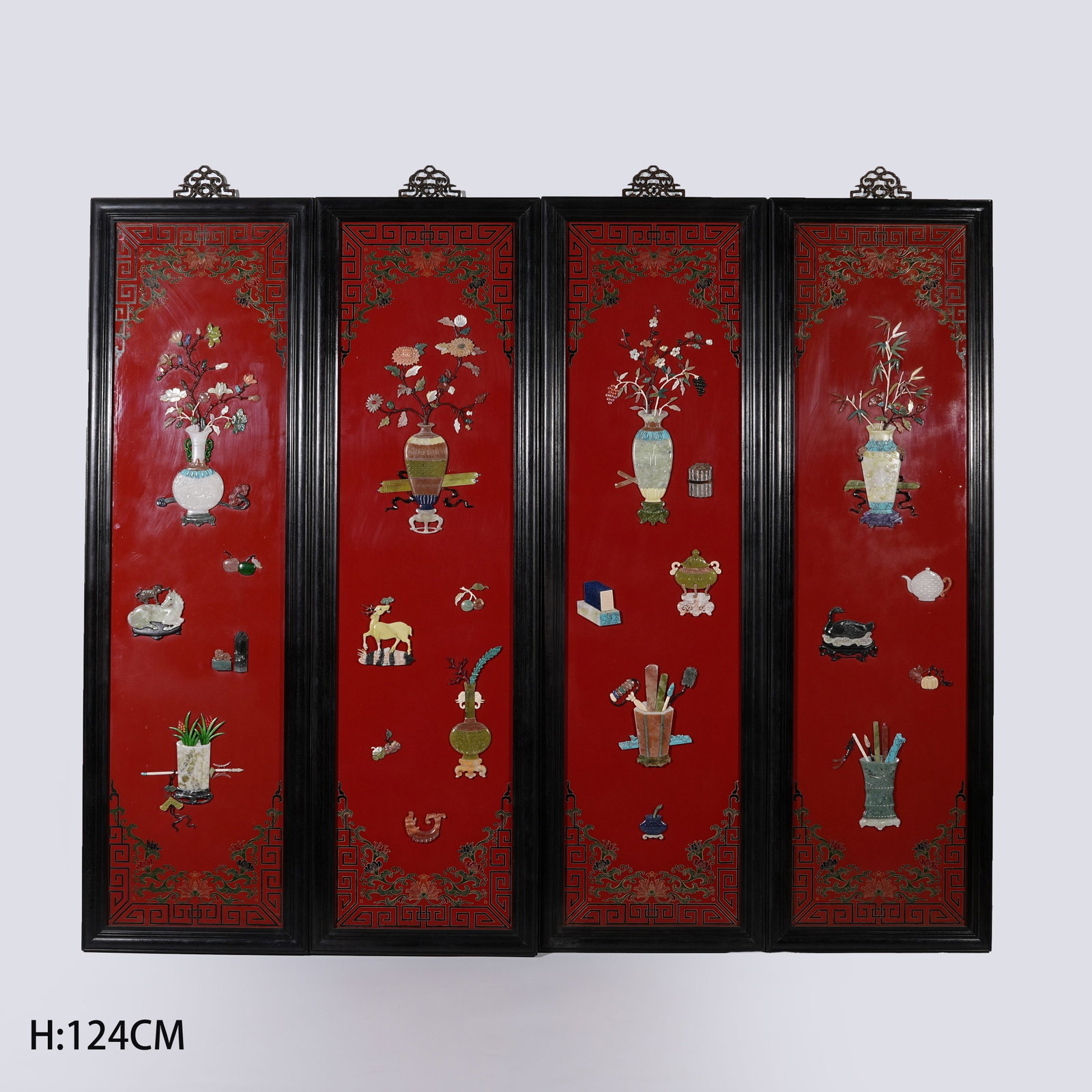 A SET OF FOUR RED SANDALWOOD HANGING SCREENS WITH ANTIQUE PATTERNS AND PRECIOUS STONE INLAY: Set of Four Red Sandalwood Hanging Screens with Antique Patterns and Precious Stone Inlay