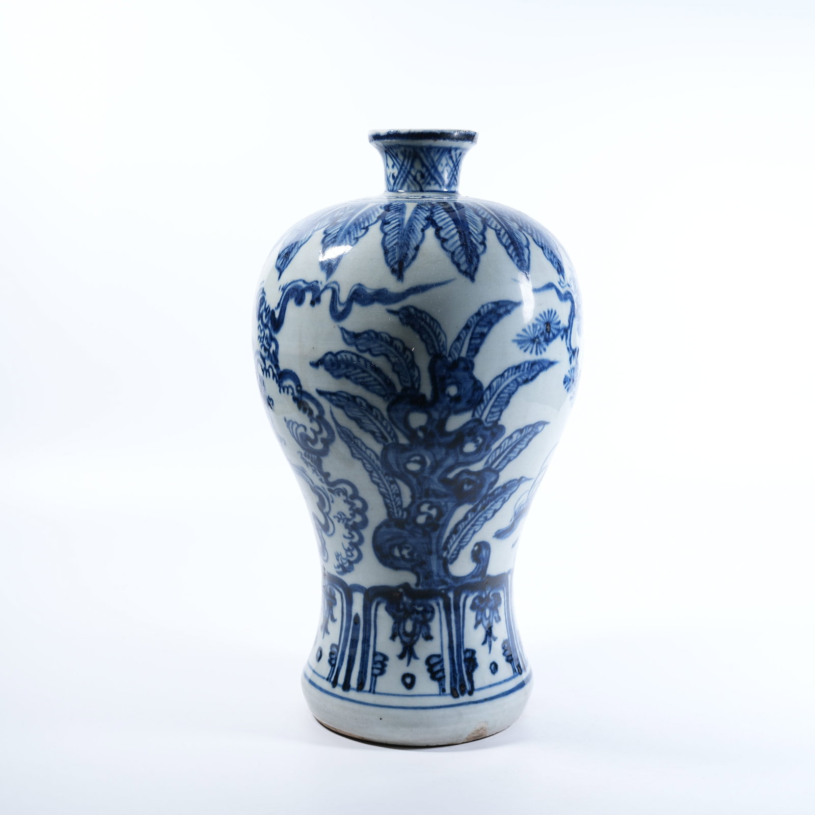 A PLUM VASE WITH BLUE AND WHITE FIGURAL STORY MOTIFS: Plum Vase with Blue and White Figural Story Motifs