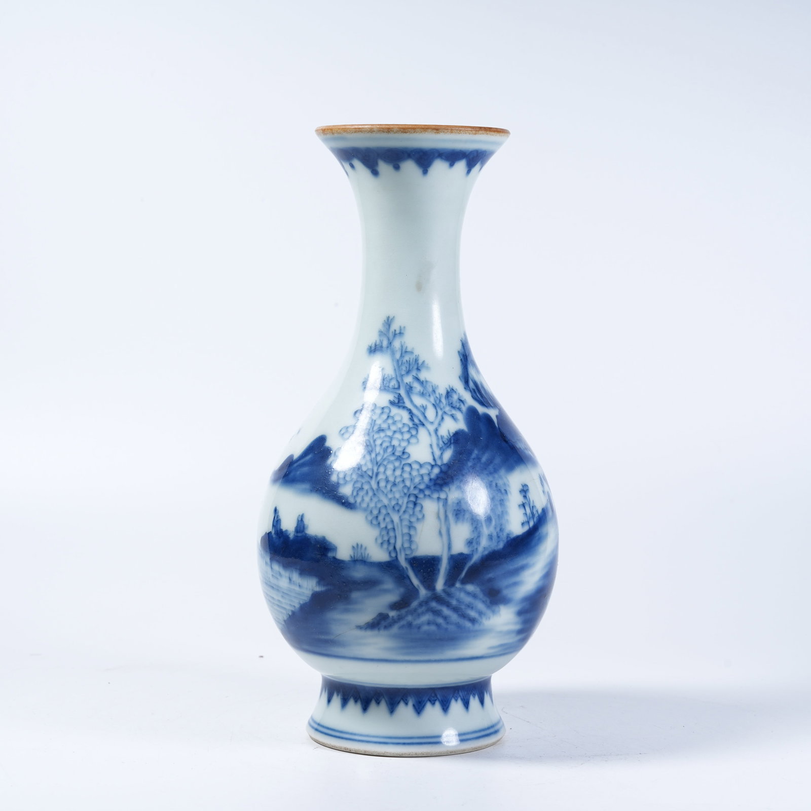 A YUHUCHUN VASE WITH BLUE AND WHITE LANDSCAPE PAVILION PATTERNS: Yuhuchun Vase with Blue and White Landscape Pavilion Patterns
