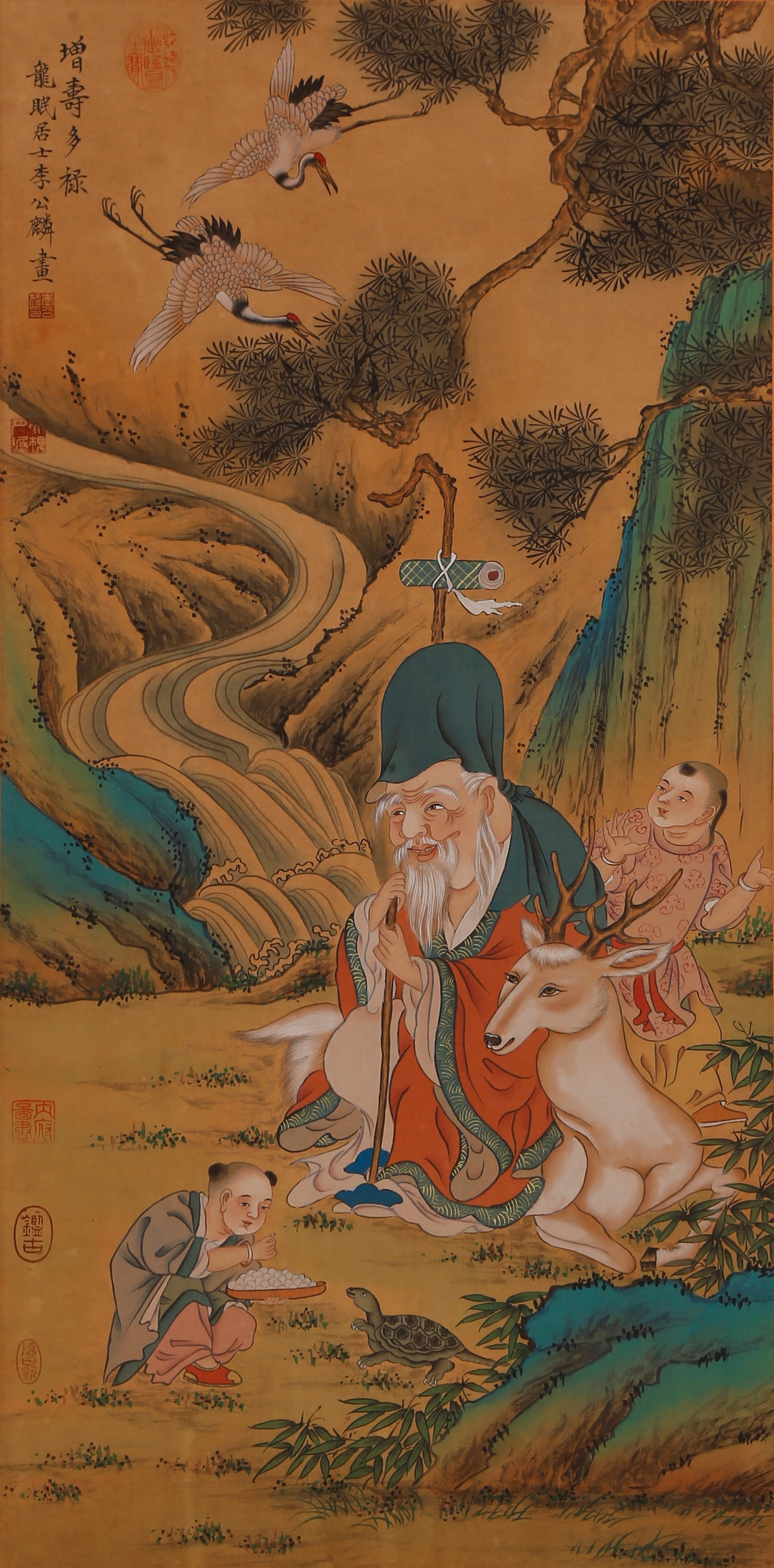 A LONGEVITY AND FORTUNE BLESSING PAINTING ON SILK BY LI GONGLIN.李公麟 (1 of 9)