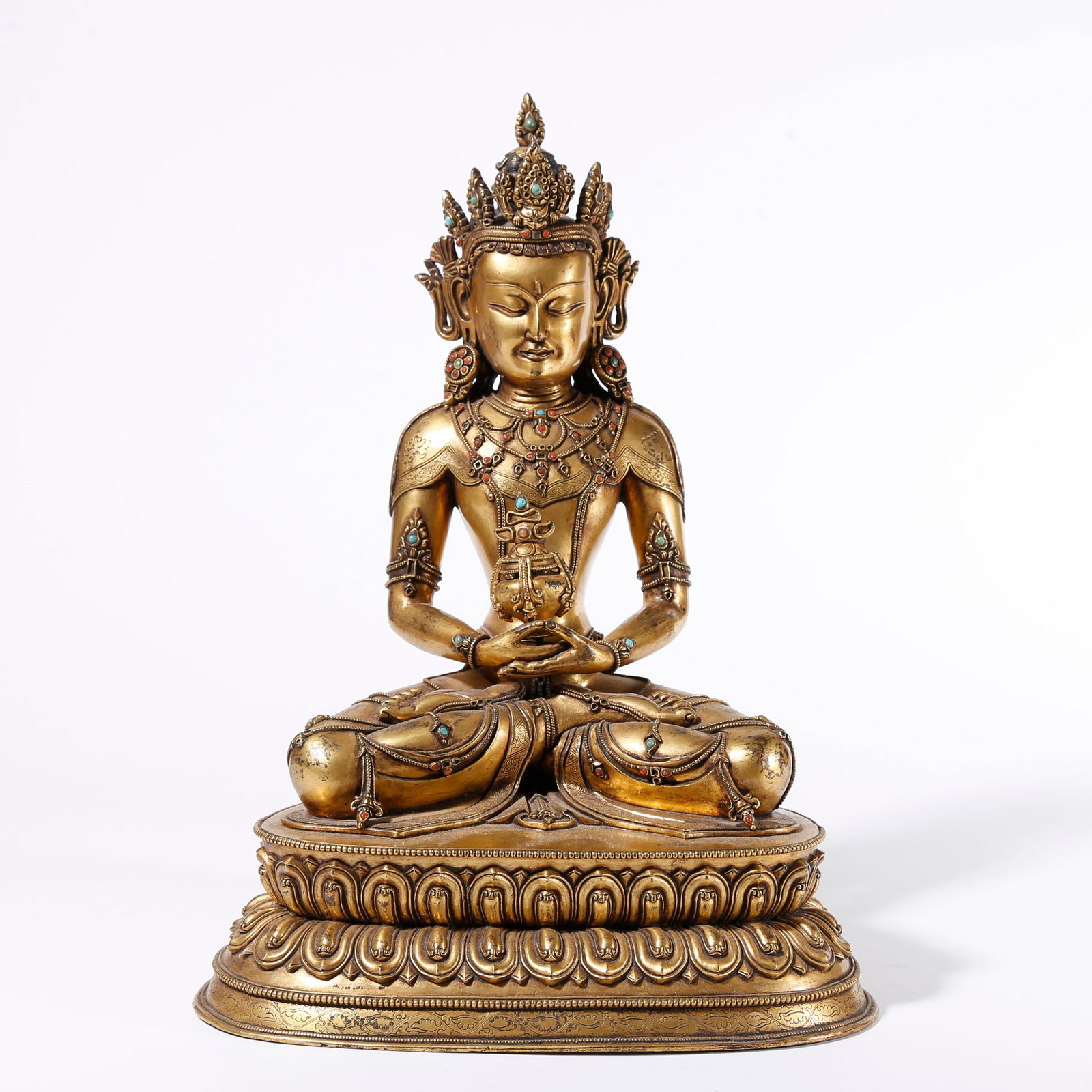 A GILT BRONZE STATUE OF AMITAYUS BUDDHA: Gilt Bronze Statue of Amitayus Buddha