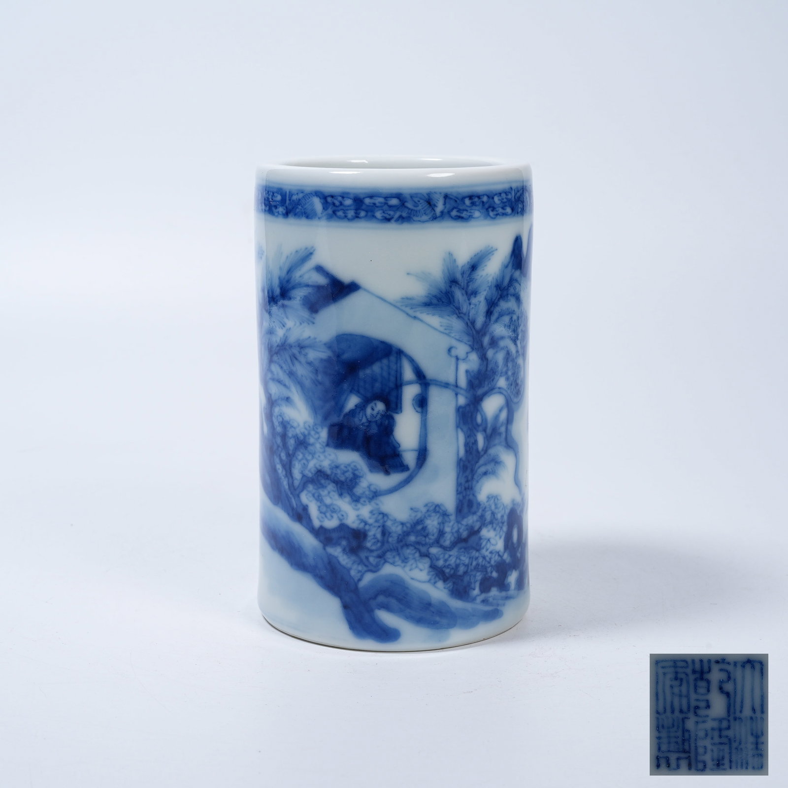 A BLUE AND WHITE BRUSH POT WITH LADIES IN WANG BU STYLE (1 of 9)