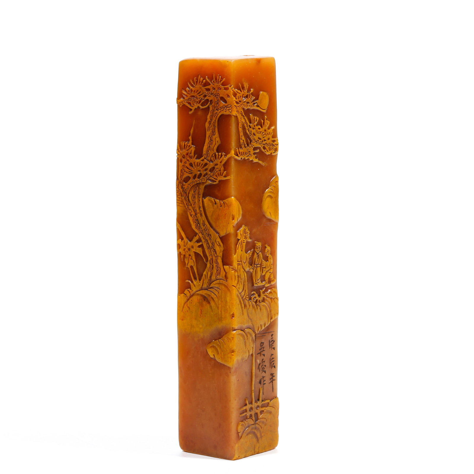 A SHOUSHAN TIANHUANG STONE SEAL CARVED WITH LANDSCAPE AND FIGURE PATTERNS: Shoushan Tianhuang Stone Seal Carved with Landscape and Figure Patterns