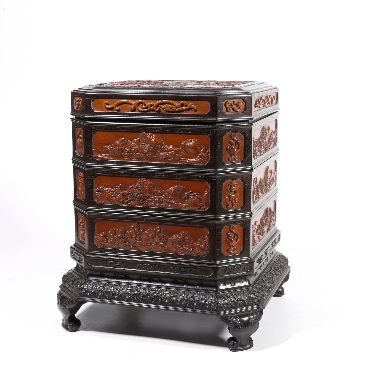 A RED SANDALWOOD COVERED BOX INLAID WITH BOXWOOD LANDSCAPE CARVINGS: Red Sandalwood Covered Box Inlaid with Boxwood Landscape Carvings