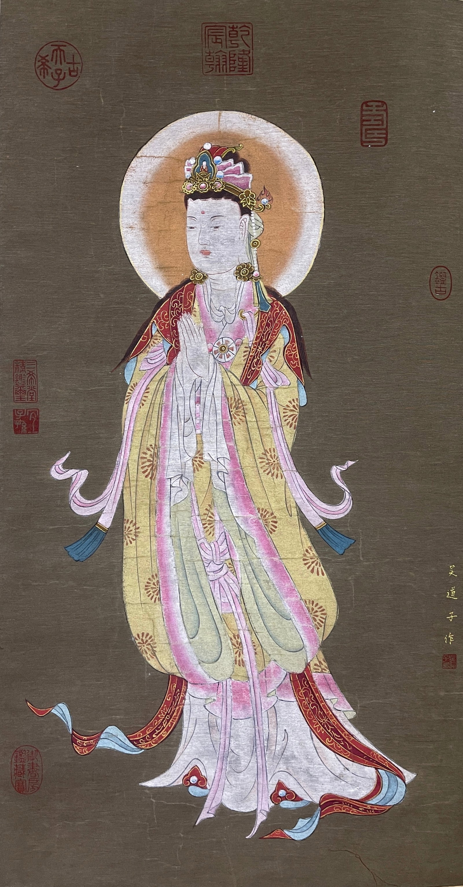 A VERTICAL SCROLL BUDDHA PAINTING ON SILK BY WU DAOZI.吳道子: Vertical Scroll Buddha Painting on Silk by Wu Daozi.吳道子