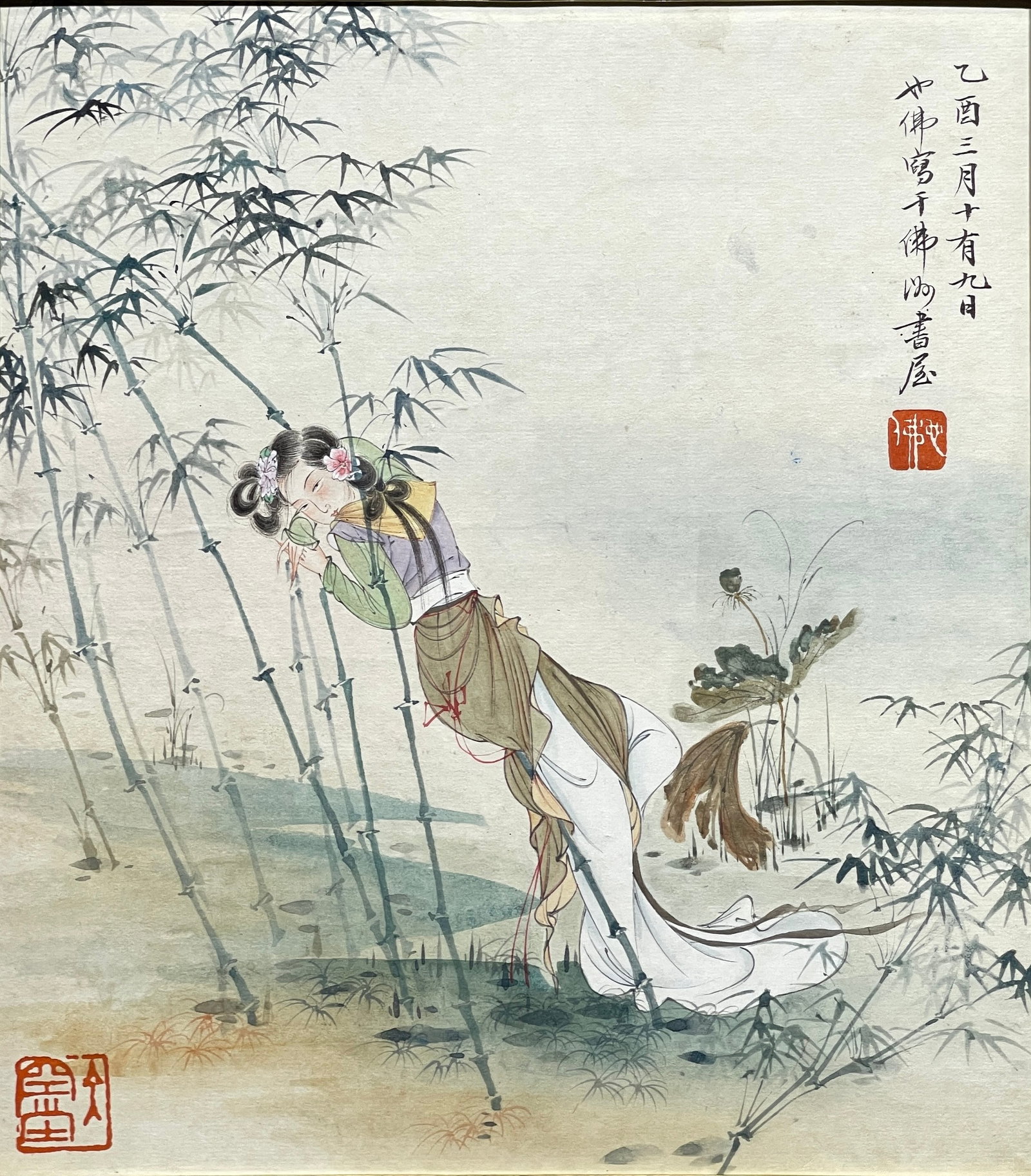A FRAMED MAIDENS AMID BAMBOO AND LOTUS PAINTING ON PAPER BY HU YEFO.胡也佛 (1 of 7)