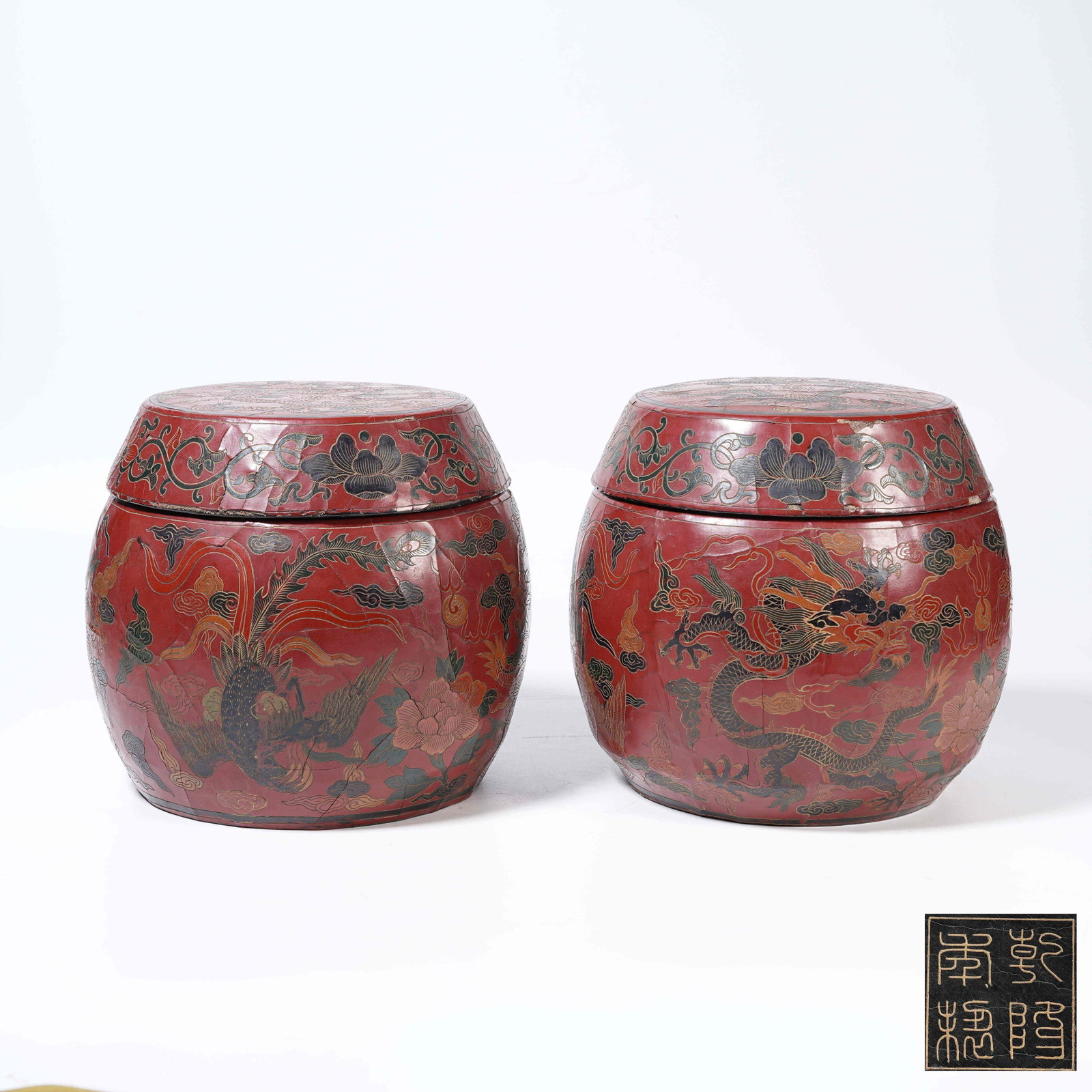 A SET OF LACQUER GO JARS WITH PAINTED DRAGON AND PHOENIX PATTERNS: Set of Lacquer Go Jars with Painted Dragon and Phoenix Patterns