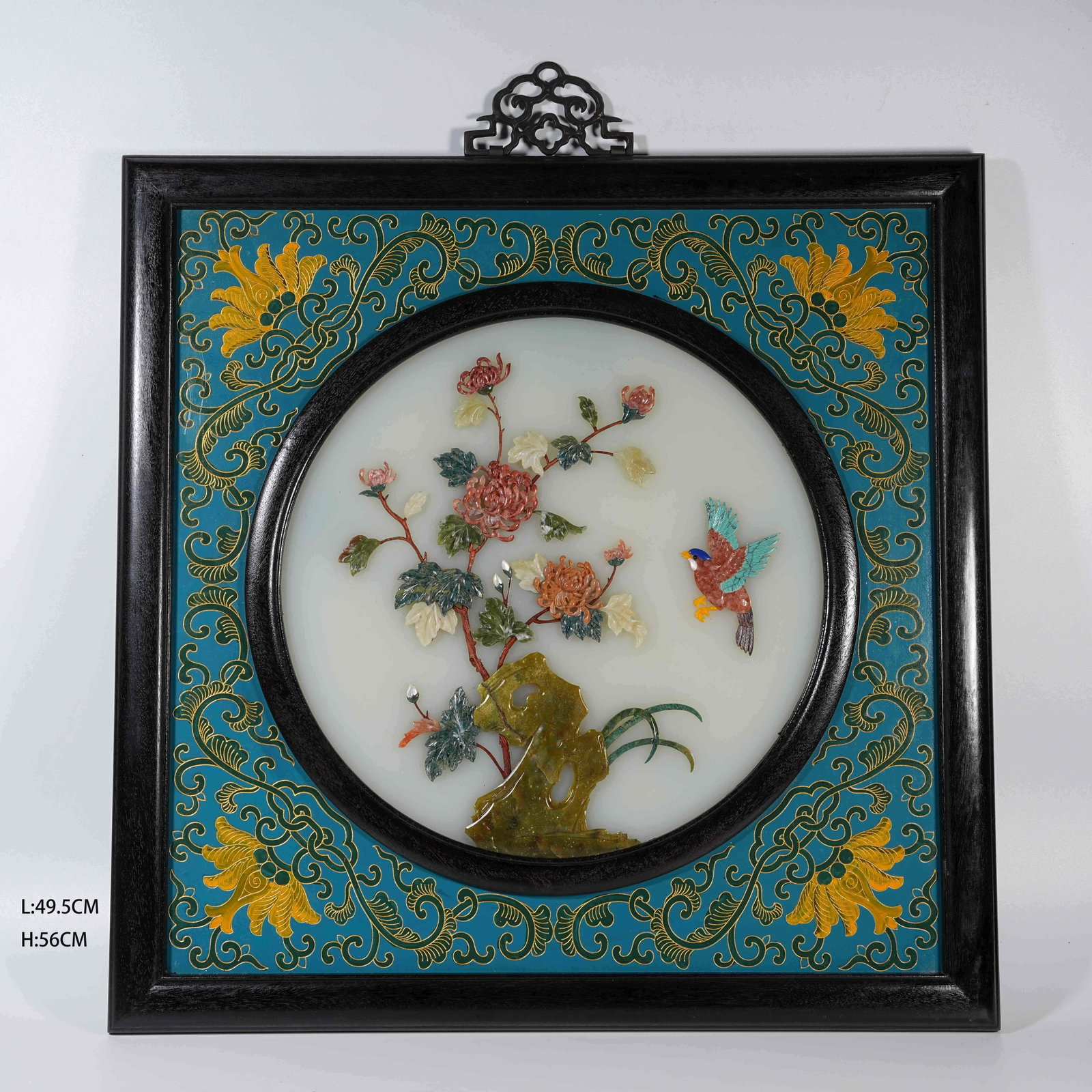 A RED SANDALWOOD HANGING SCREEN WITH CLOISONNE, PRECIOUS STONE INLAY AND FLOWER & BIRD PATTERNS (1 of 6)
