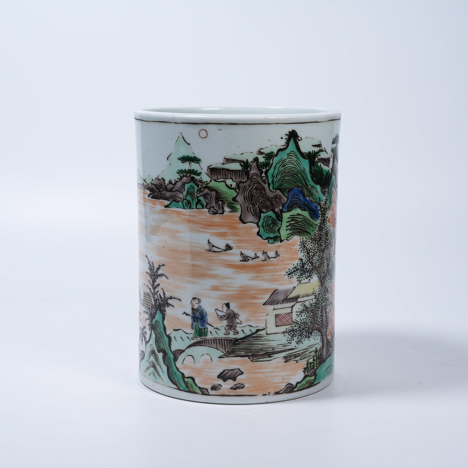A WUCAI BRUSH POT WITH LANDSCAPE AND NARRATIVE FIGURE SCENES (1 of 9)