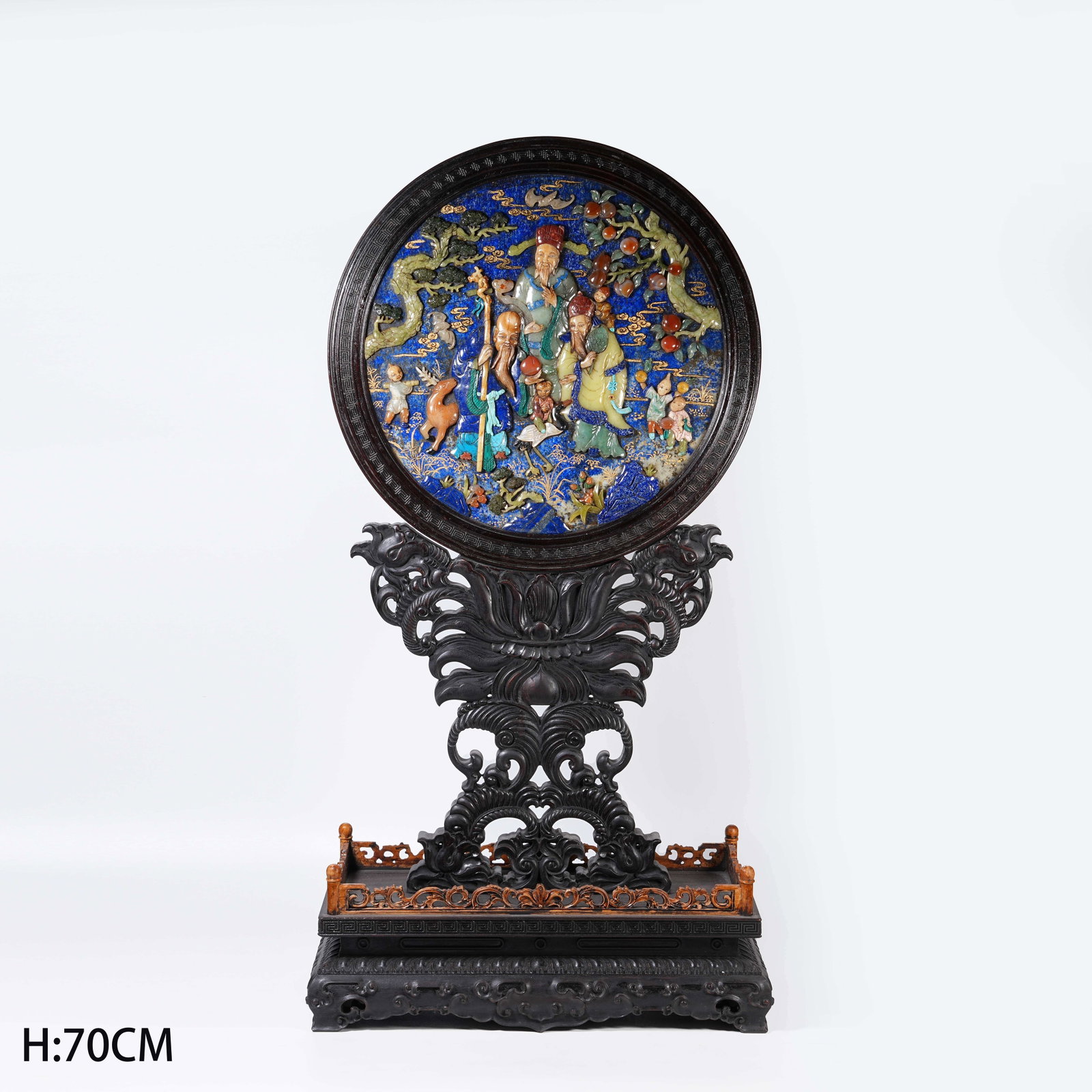 A RED SANDALWOOD TABLE SCREEN WITH LAPIS LAZULI INLAY, PRECIOUS STONE INLAY AND FU LU SHOU MOTIFS (1 of 10)