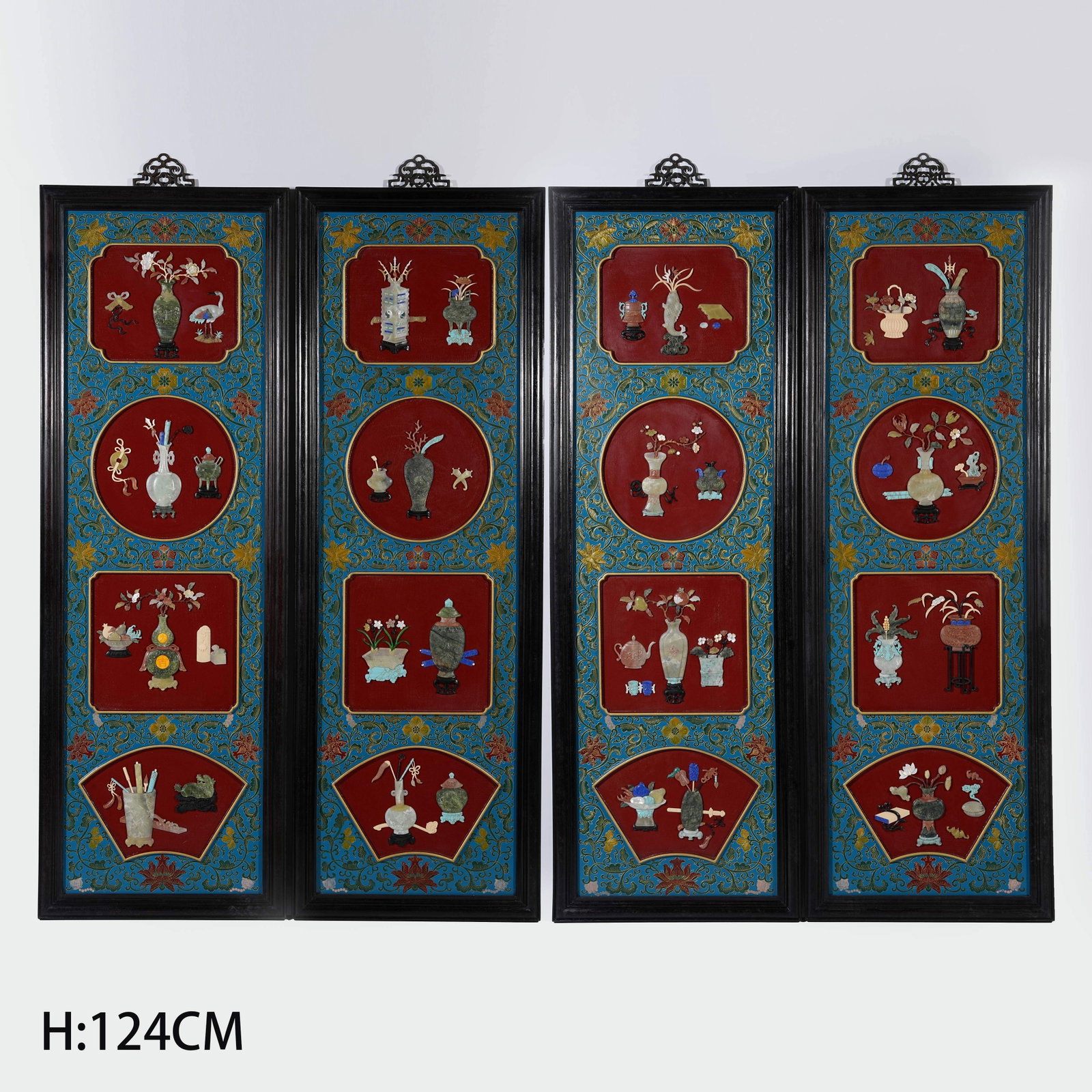 A SET OF FOUR RED SANDALWOOD HANGING SCREENS WITH ANTIQUE PATTERNS: Set of Four Red Sandalwood Hanging Screens with Antique Patterns
