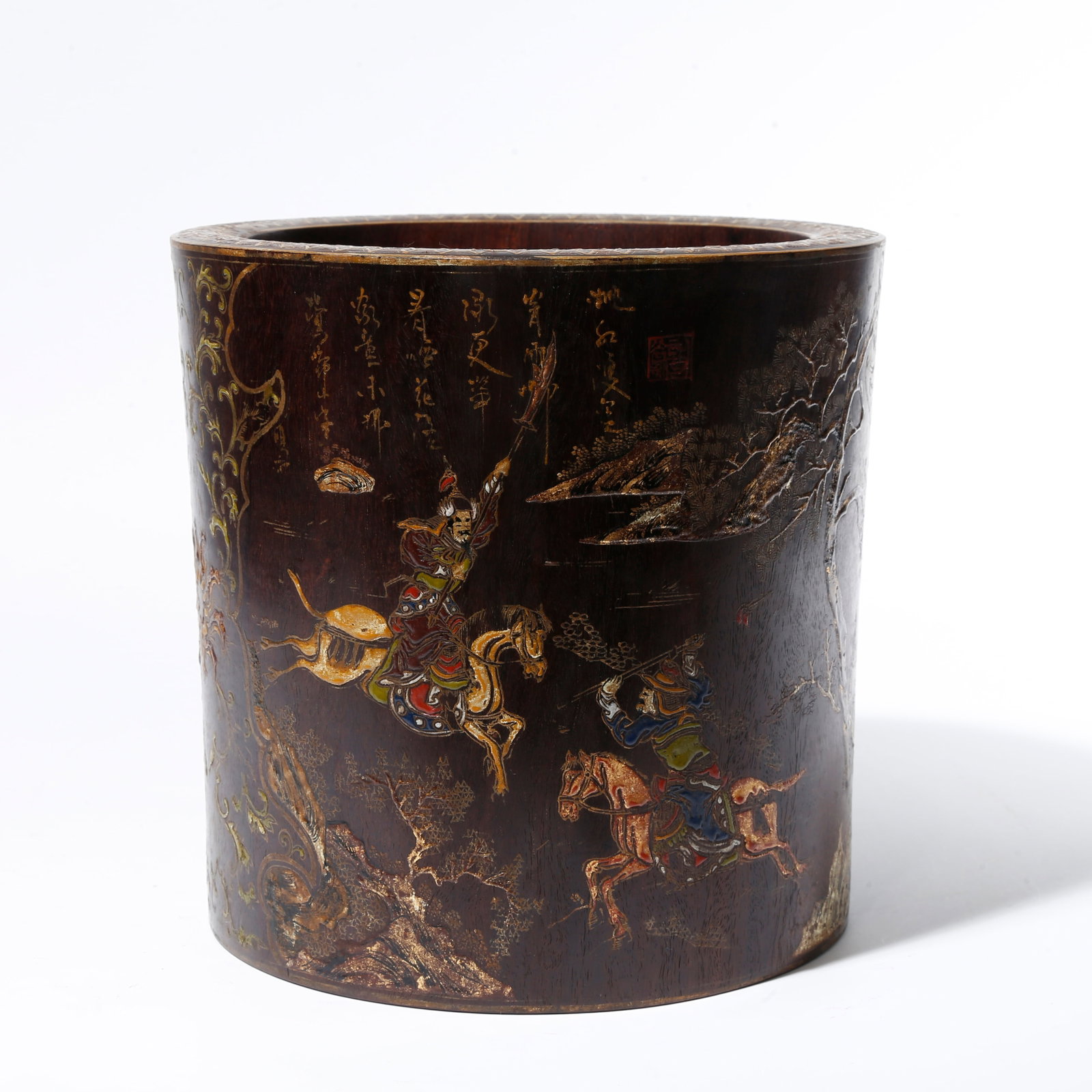A RED SANDALWOOD HUNDRED TREASURES INLAID BRUSH POT WITH FIGURE STORY PATTERN (1 of 10)