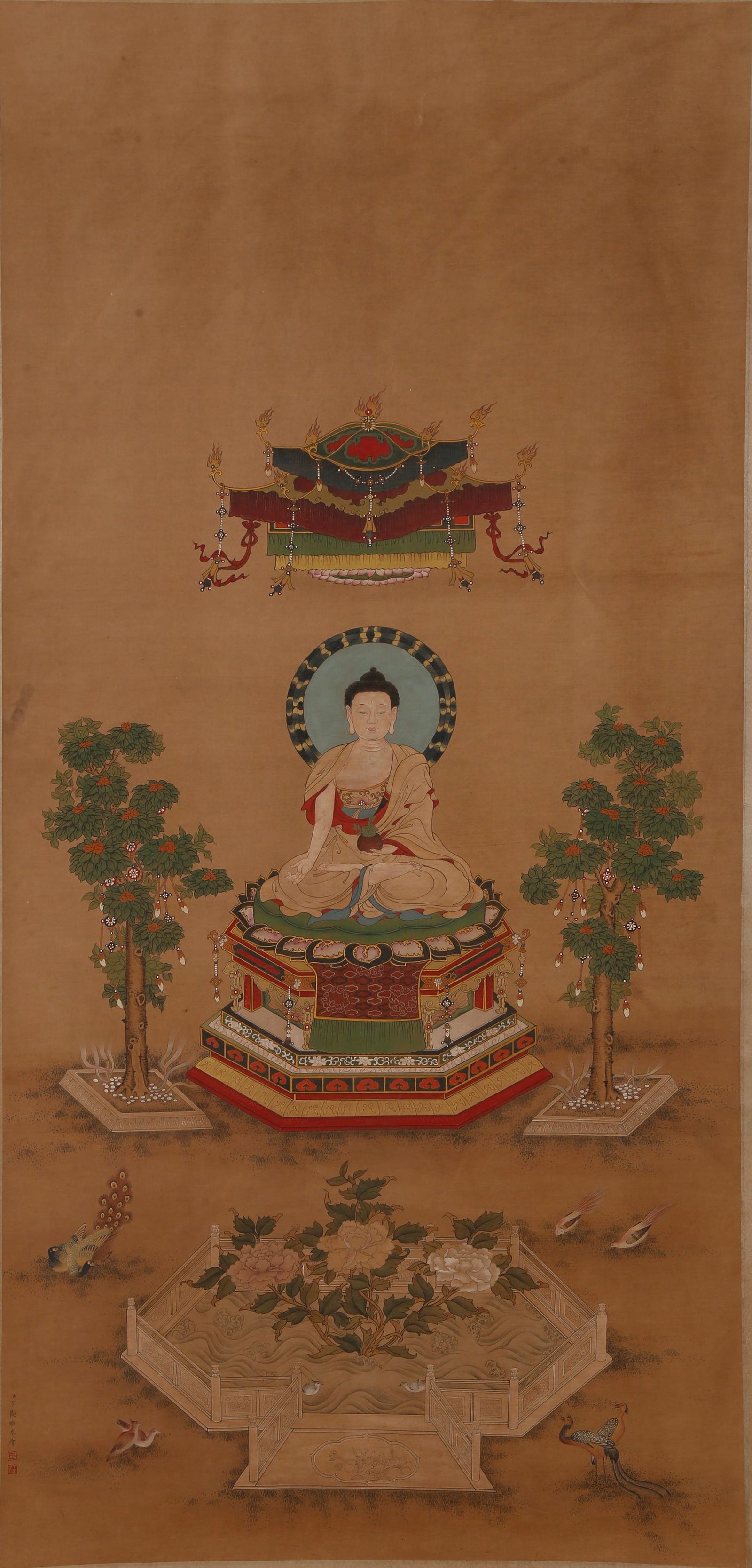 A SHAKYAMUNI BUDDHA PAINTING ON SILK BY DING GUANPENG.丁觀鵬: Shakyamuni Buddha Painting on Silk by Ding Guanpeng.丁觀鵬