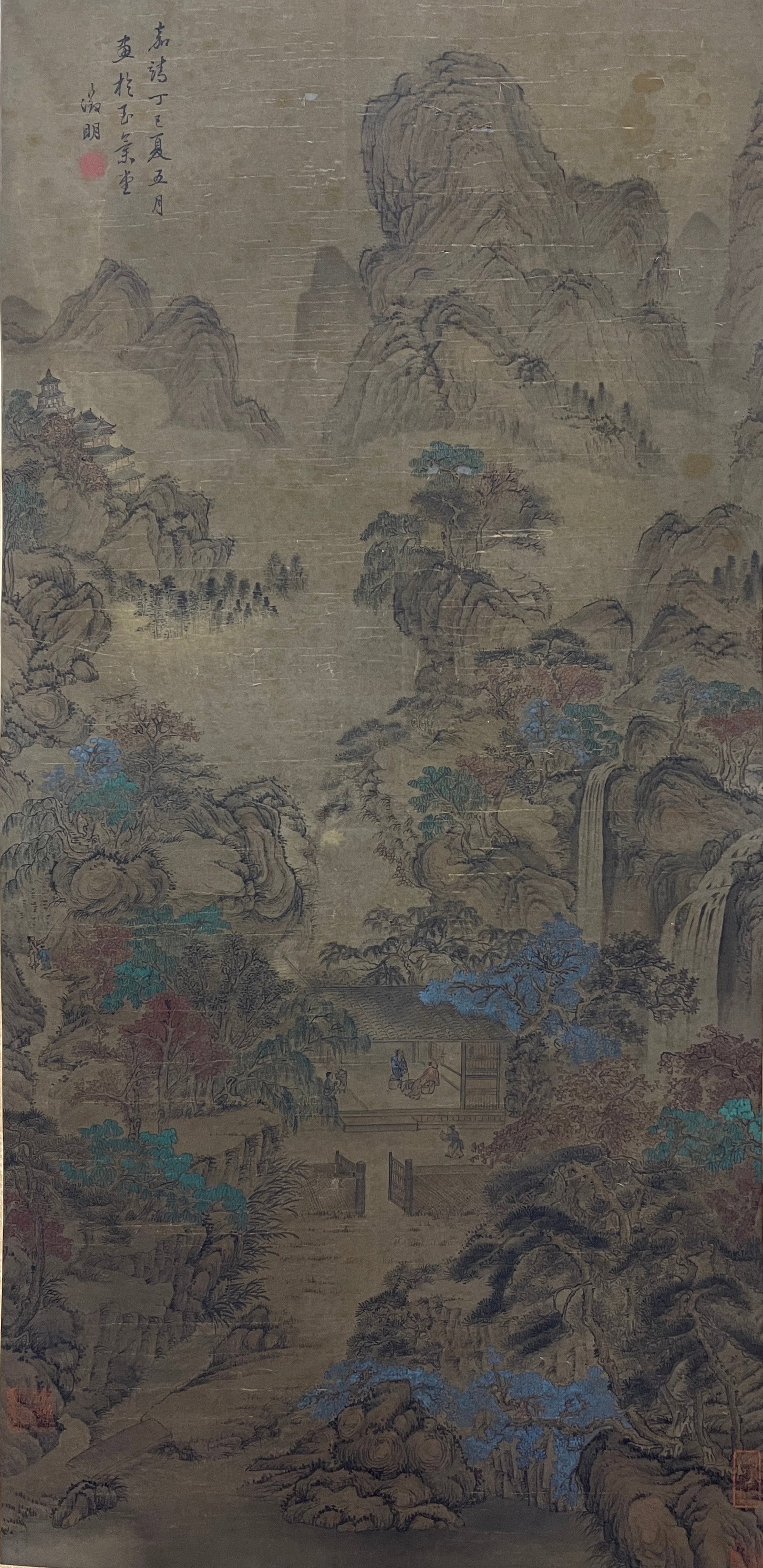 A VERTICAL SCROLL LANDSCAPE AND FIGURE PAINTING ON SILK BY WEN ZHENGMING.文征明 (1 of 15)