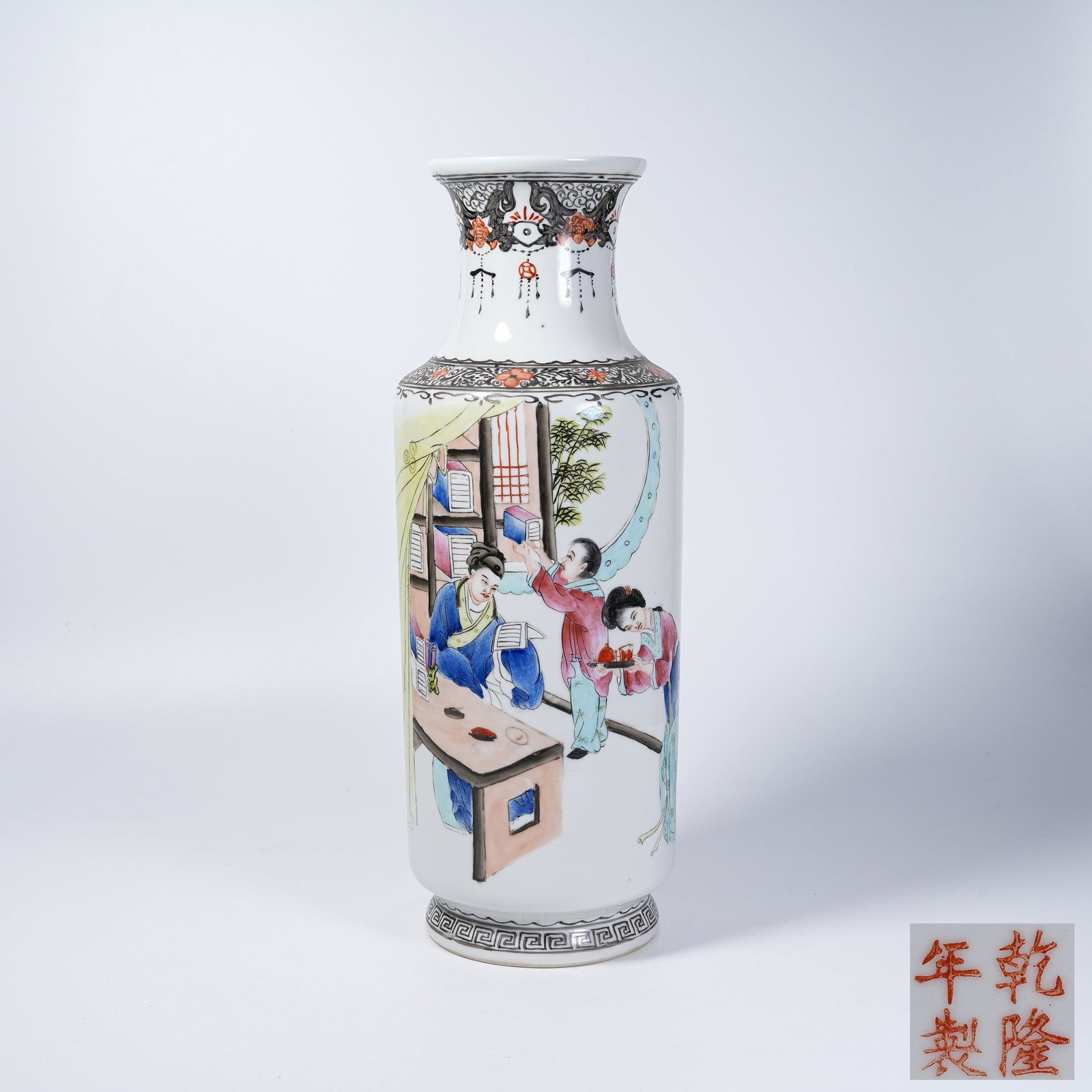 A DECORATIVE VASE WITH FAMILLE ROSE SCHOLARS AND CHILDREN AT PLAY MOTIF: Decorative Vase with Famille Rose Scholars and Children at Play Motif