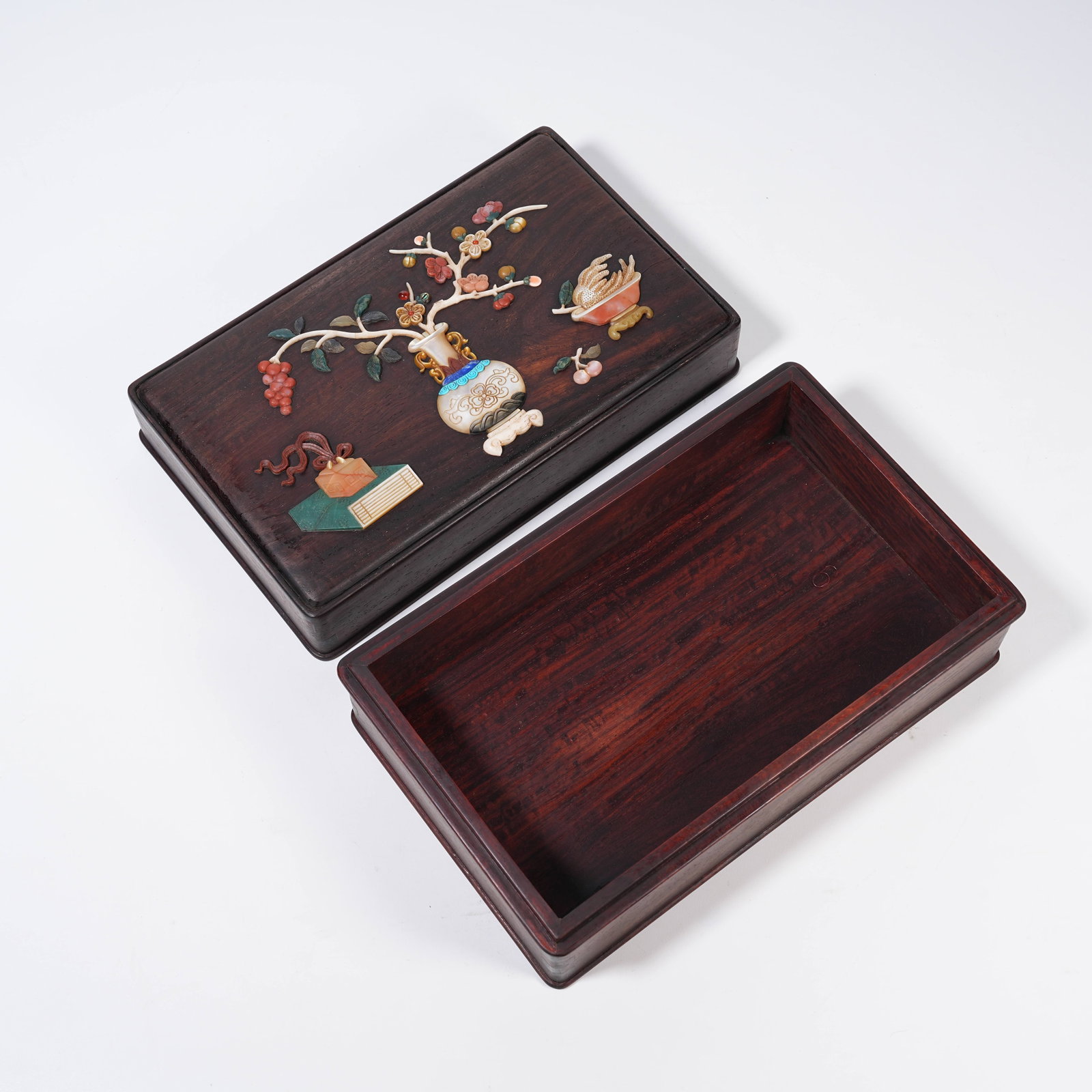A SQUARE COVERED BOX WITH ANTIQUE PATTERNS AND PRECIOUS STONE INLAY ON REDWOOD (1 of 10)