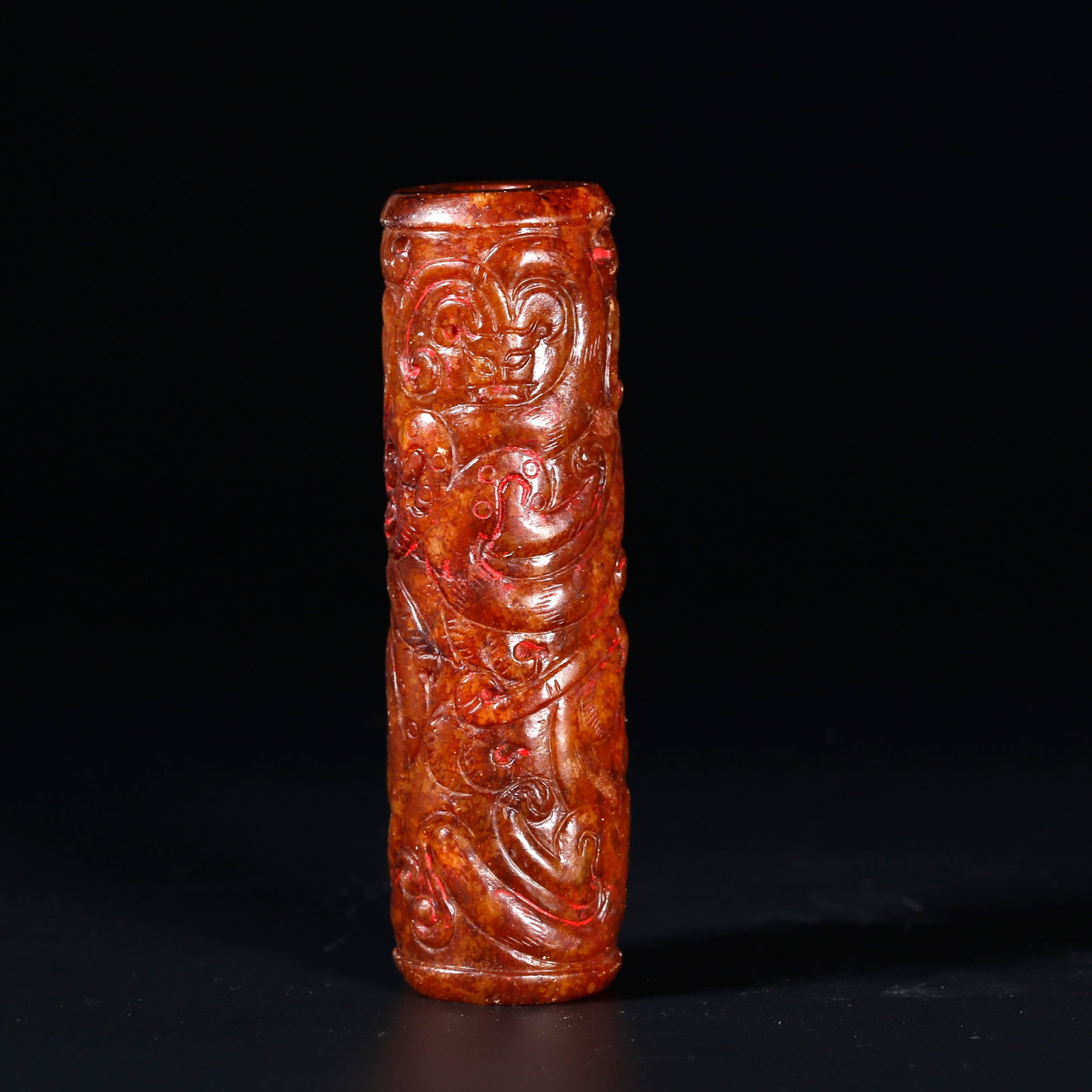 A ANCIENT JADE CYLINDER PENDANT CARVED WITH DRAGON PATTERNS: Ancient Jade Cylinder Pendant Carved with Dragon Patterns
