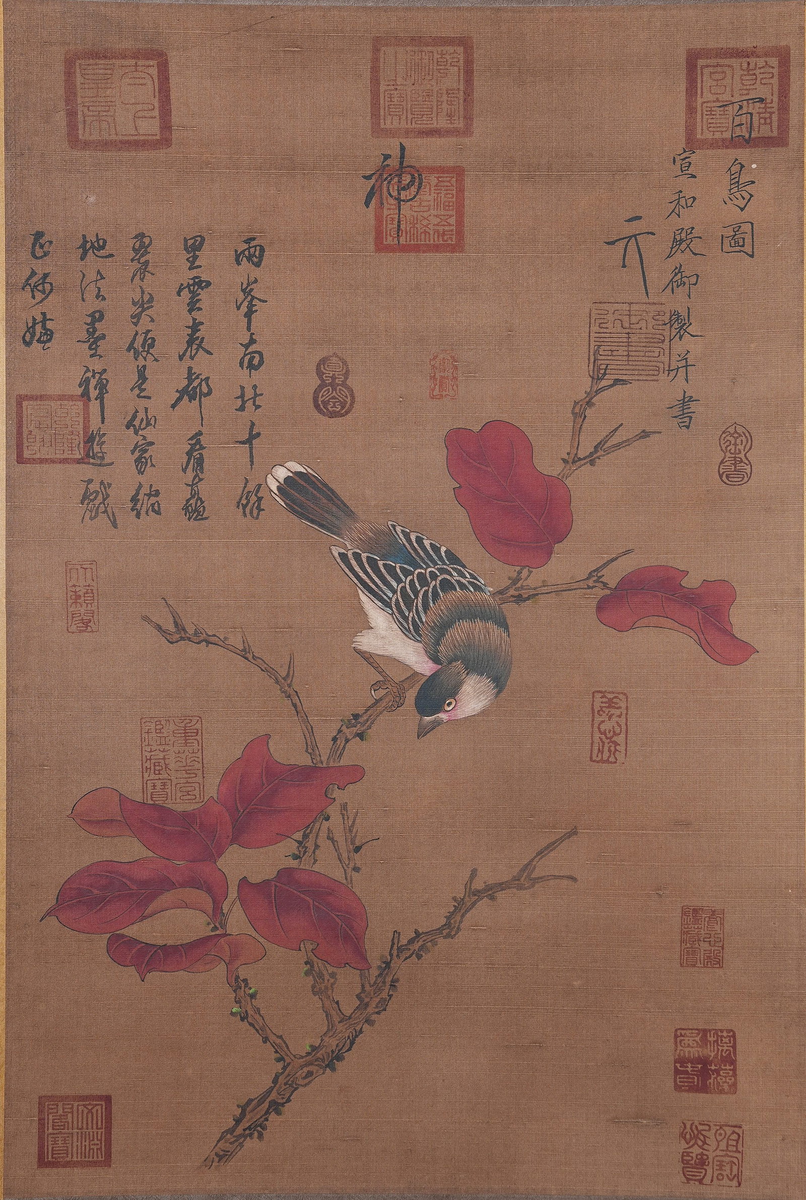 A HUNDRED BIRDS PAINTING ON SILK BY EMPEROR HUIZONG OF SONG.宋徽宗: Hundred Birds Painting on Silk by Emperor Huizong of Song.宋徽宗