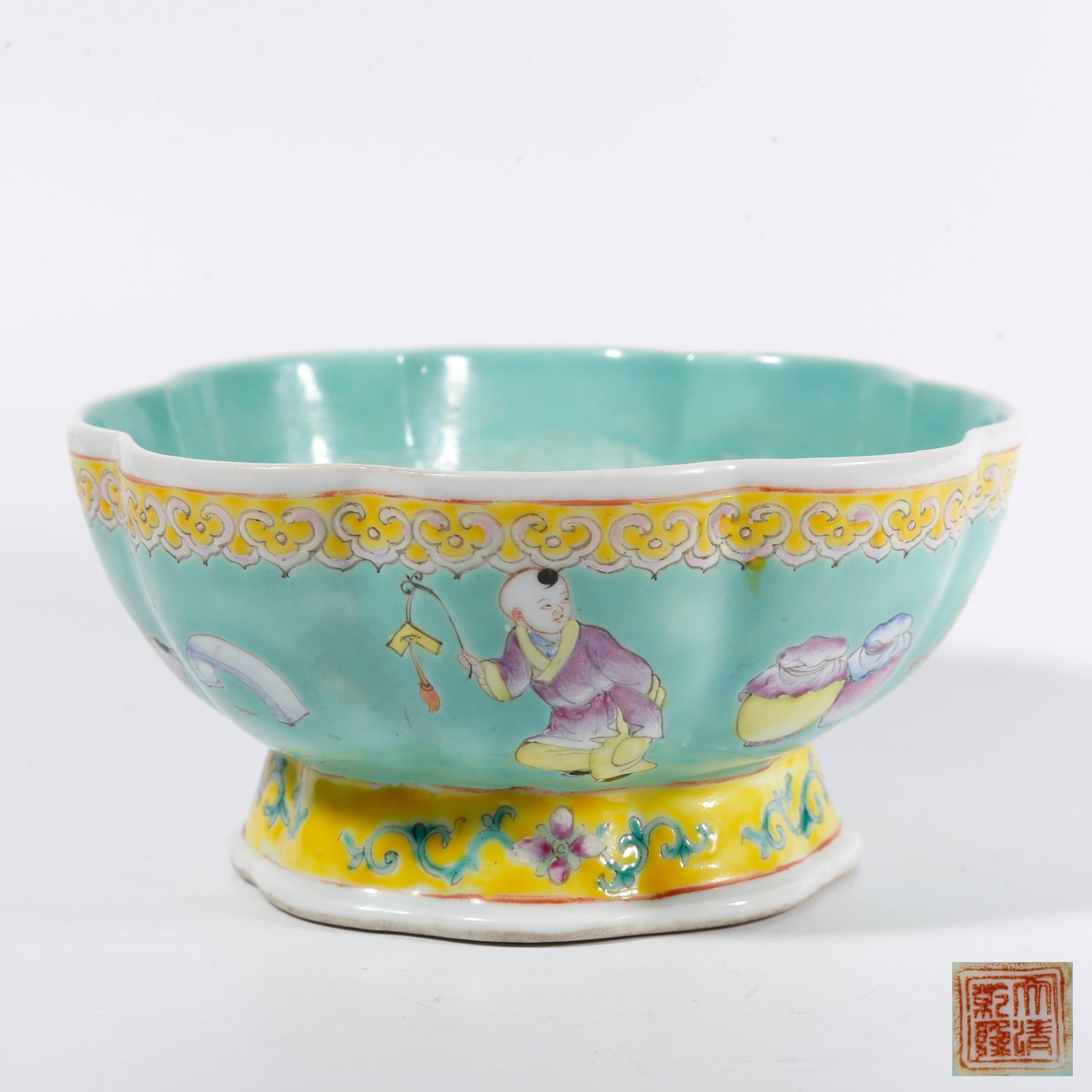 A TRIBUTE BOWL WITH FAMILLE ROSE FIGURE STORY SCENES ON TURQUOISE GROUND: Tribute Bowl with Famille Rose Figure Story Scenes on Turquoise Ground