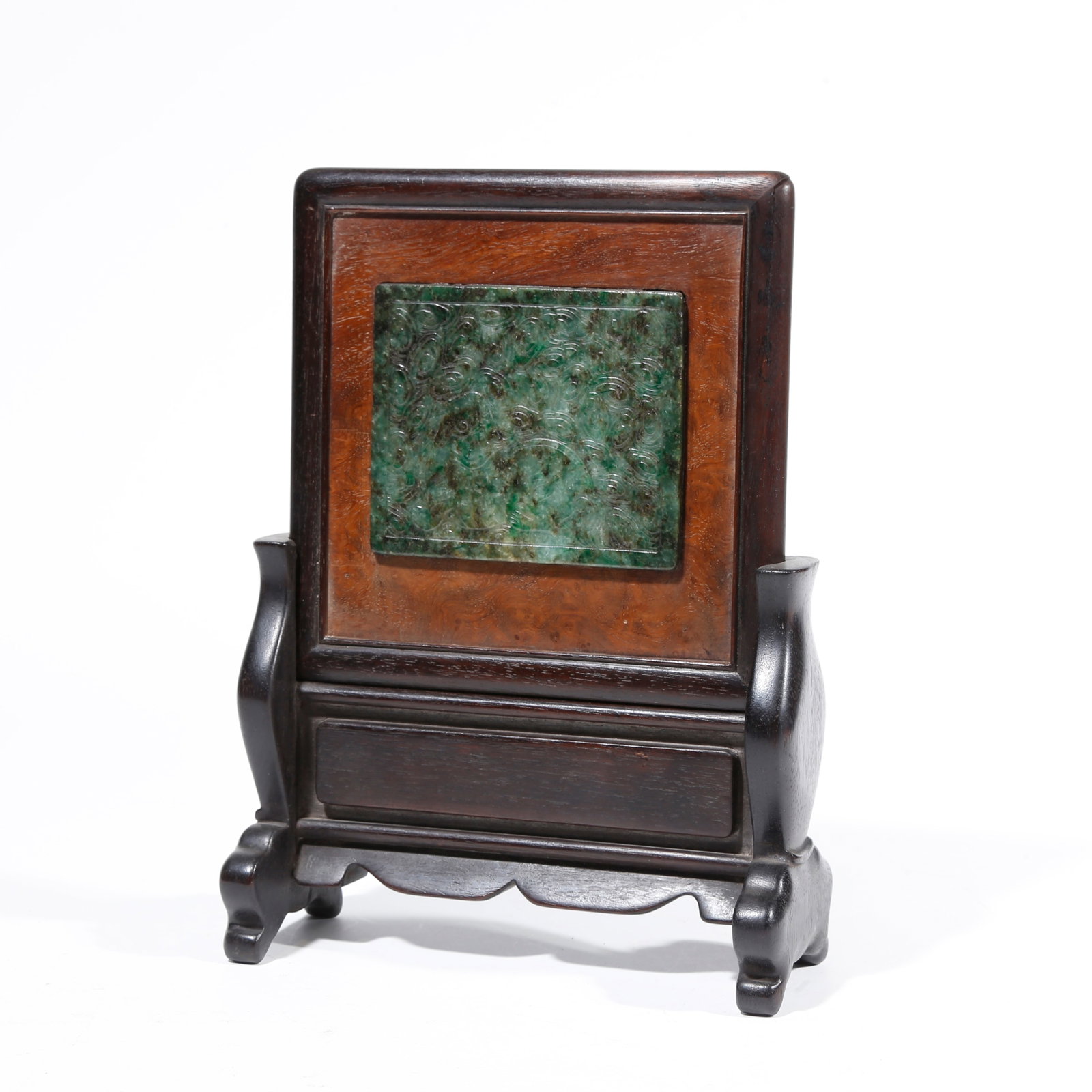 A RED SANDALWOOD CARVED SCREEN INLAID WITH JADEITE: Red Sandalwood Carved Screen Inlaid with Jadeite