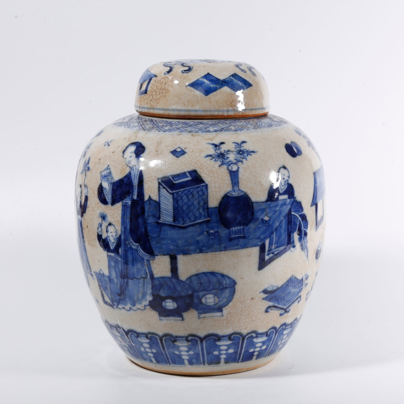 A BLUE AND WHITE COVERED JAR WITH FIGURE STORY SCENES (1 of 9)
