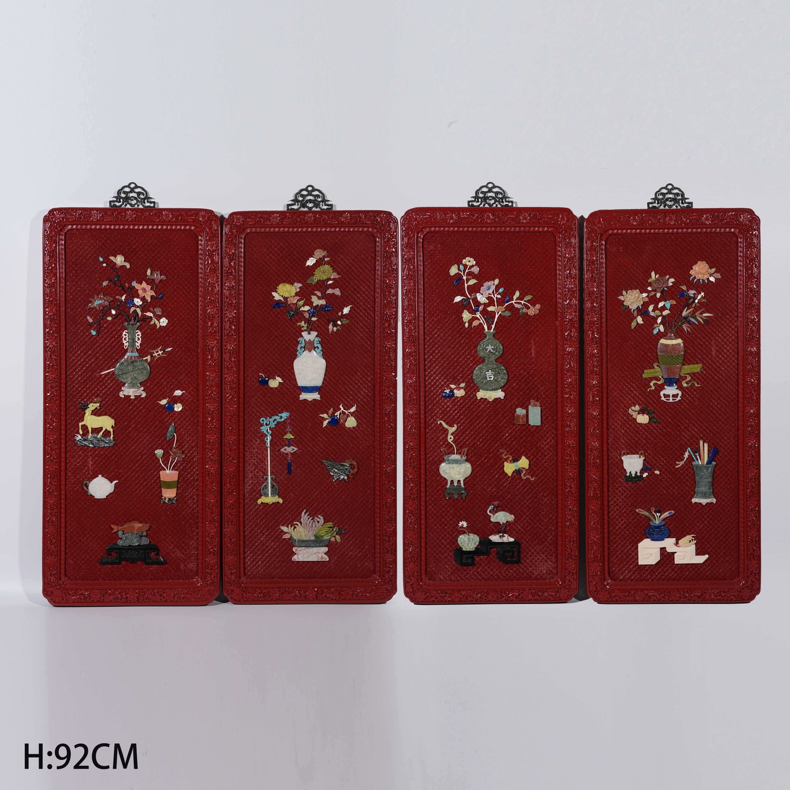 A SET OF FOUR CARVED LACQUER HANGING SCREENS WITH ANTIQUE PATTERNS AND PRECIOUS STONE INLAY: Set of Four Carved Lacquer Hanging Screens with Antique Patterns and Precious Stone Inlay
