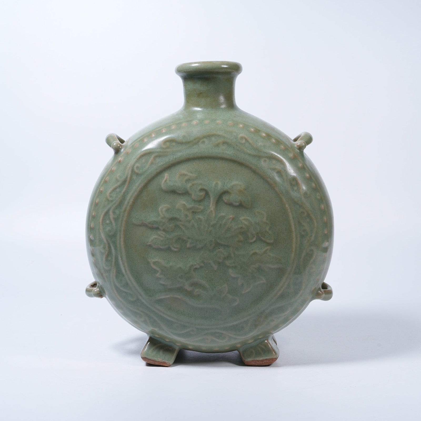 A LONGQUAN KILN VASE WITH HANGING RINGS AND FLORAL PATTERNS: Longquan Kiln Vase with Hanging Rings and Floral Patterns