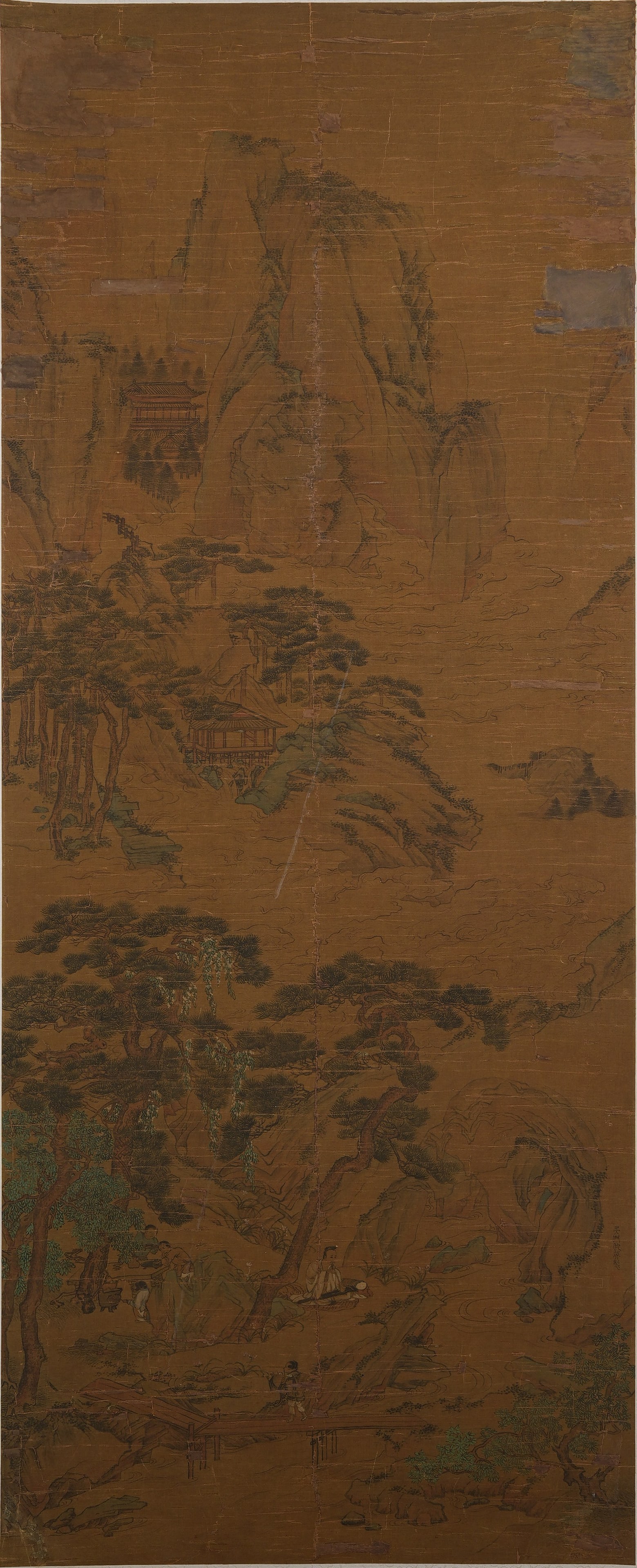 A LANDSCAPE AND PAVILION PAINTING ON SILK BY QIU YING.仇英: Landscape and Pavilion Painting on Silk by Qiu Ying.仇英