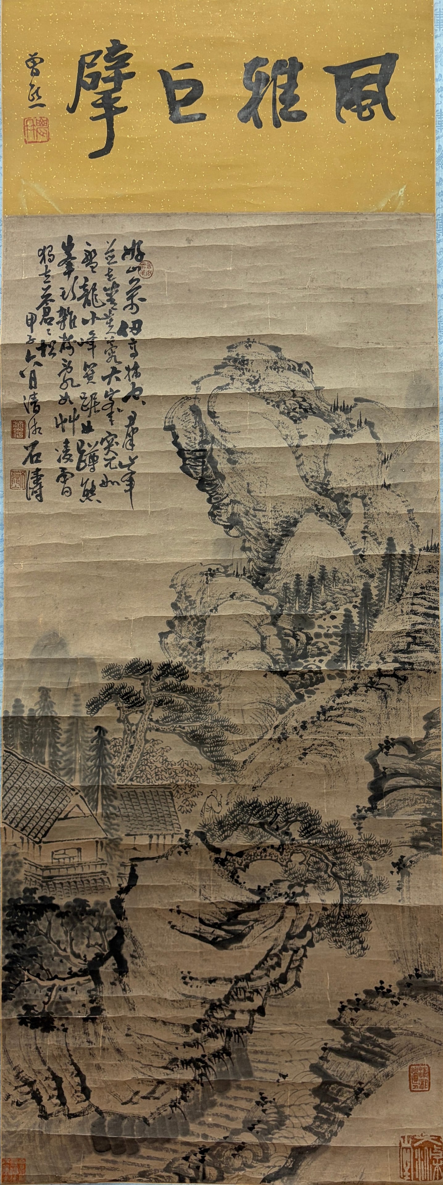A VERTICAL SCROLL LANDSCAPE PAINTING ON PAPER BY SHITAO.石濤: Vertical Scroll Landscape Painting on Paper by Shitao.石濤