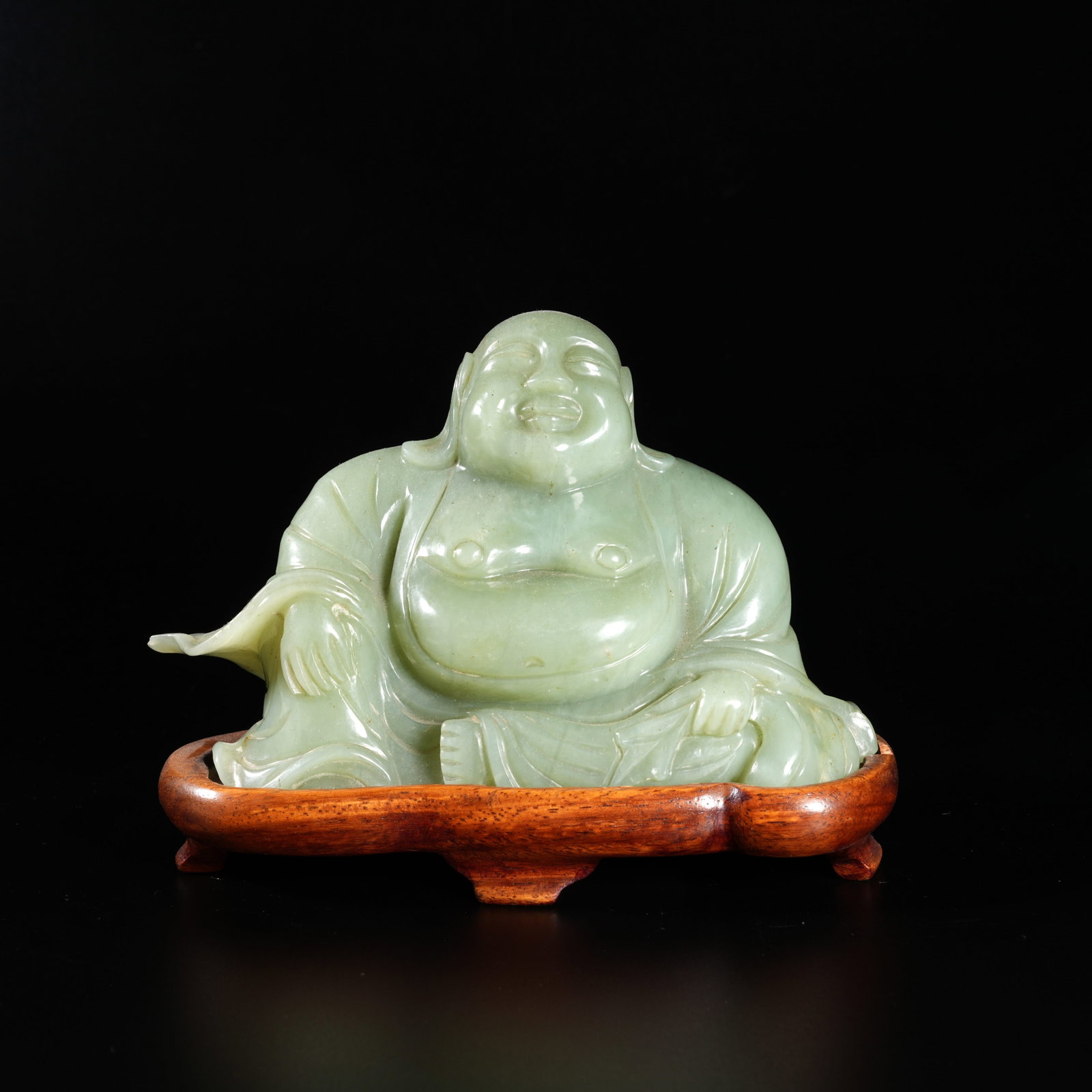 A HETIAN JADE CARVED MAITREYA BUDDHA FIGURE: Hetian Jade Carved Maitreya Buddha Figure
