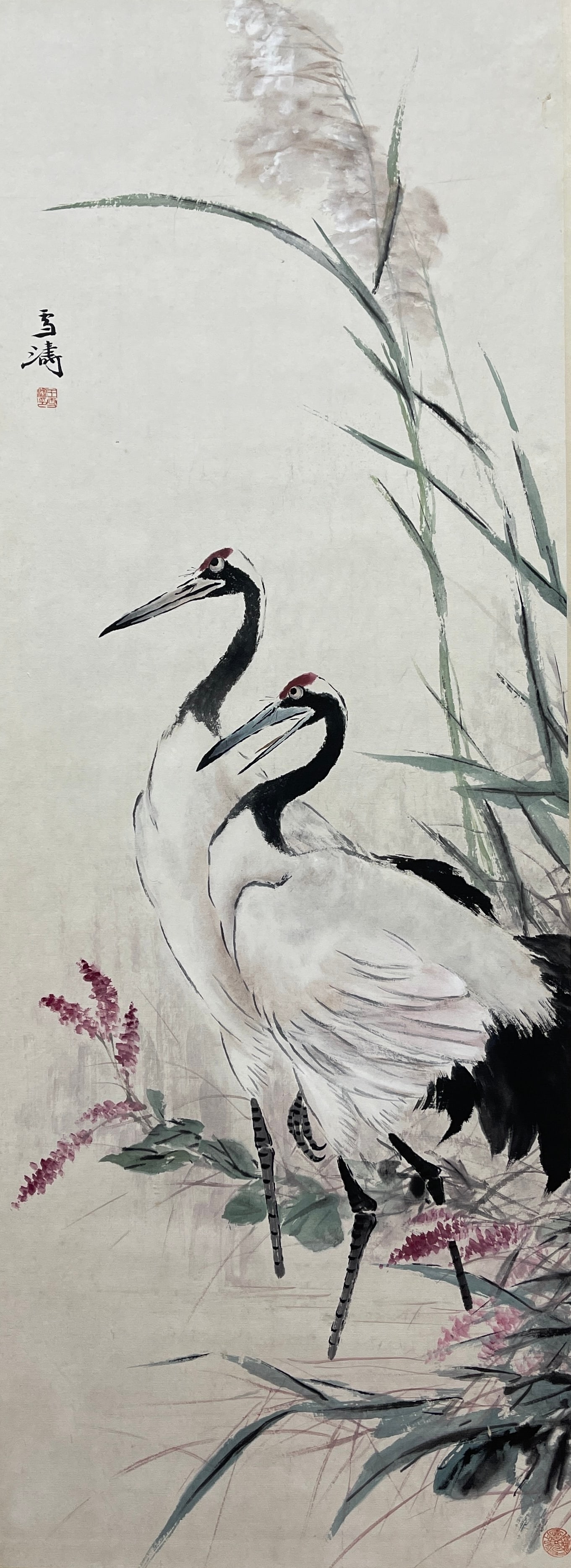 A VERTICAL SCROLL TWIN CRANES PAINTING ON PAPER BY WANG XUETAO.王雪濤 (1 of 7)