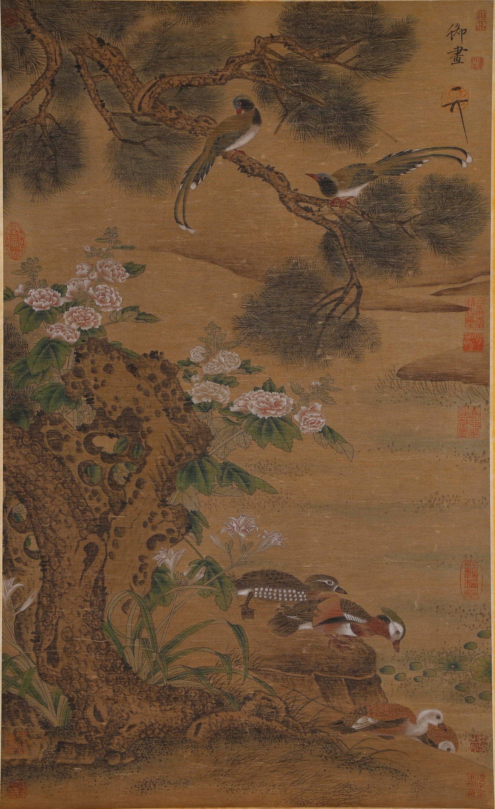 A FLOWER-AND-BIRD PAINTING ON SILK BY EMPEROR HUIZONG OF SONG.宋徽宗: Flower-and-Bird Painting on Silk by Emperor Huizong of Song.宋徽宗